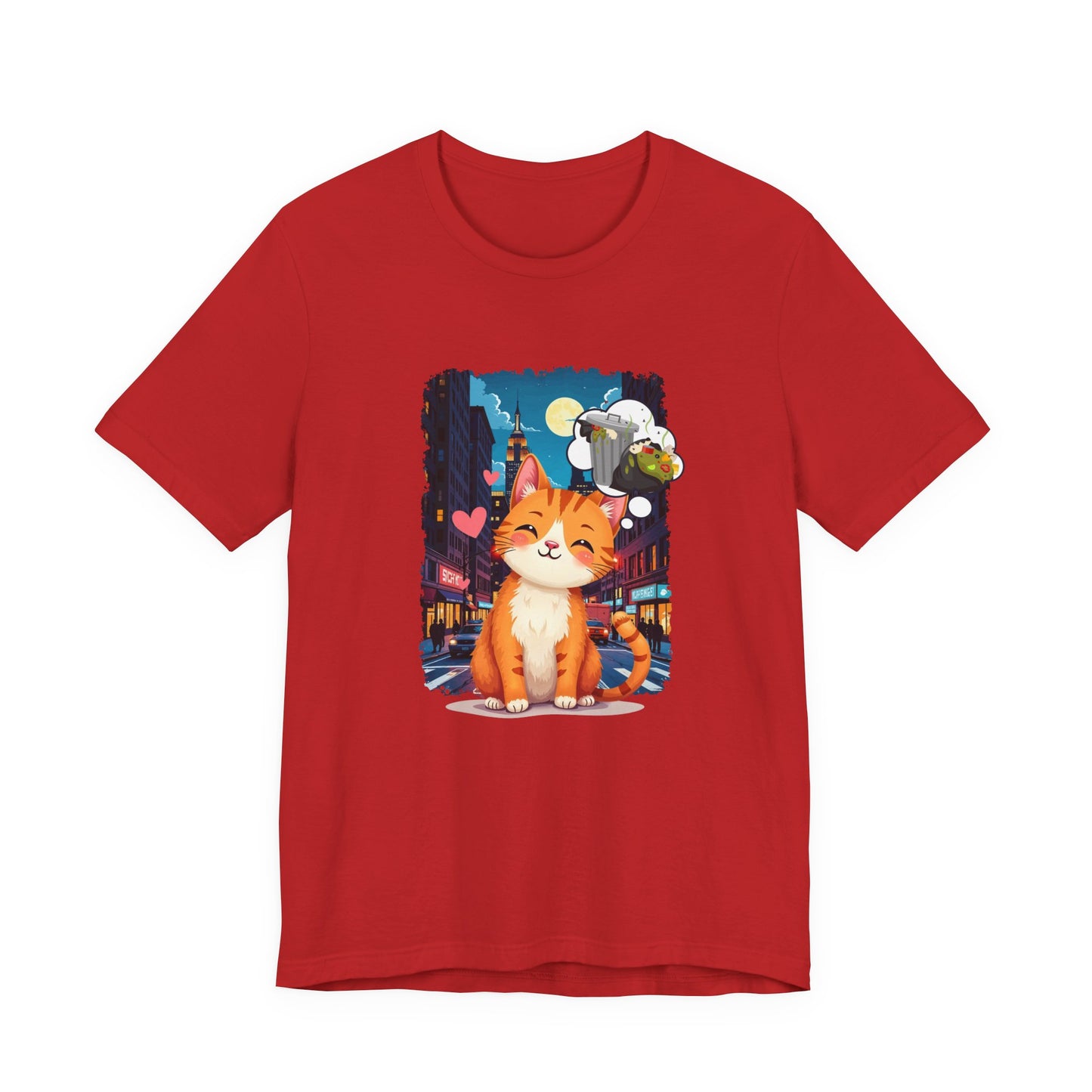 City Cat Dreams – Happy Orange Cat with Urban Garbage Thought Bubble Graphic T-Shirt