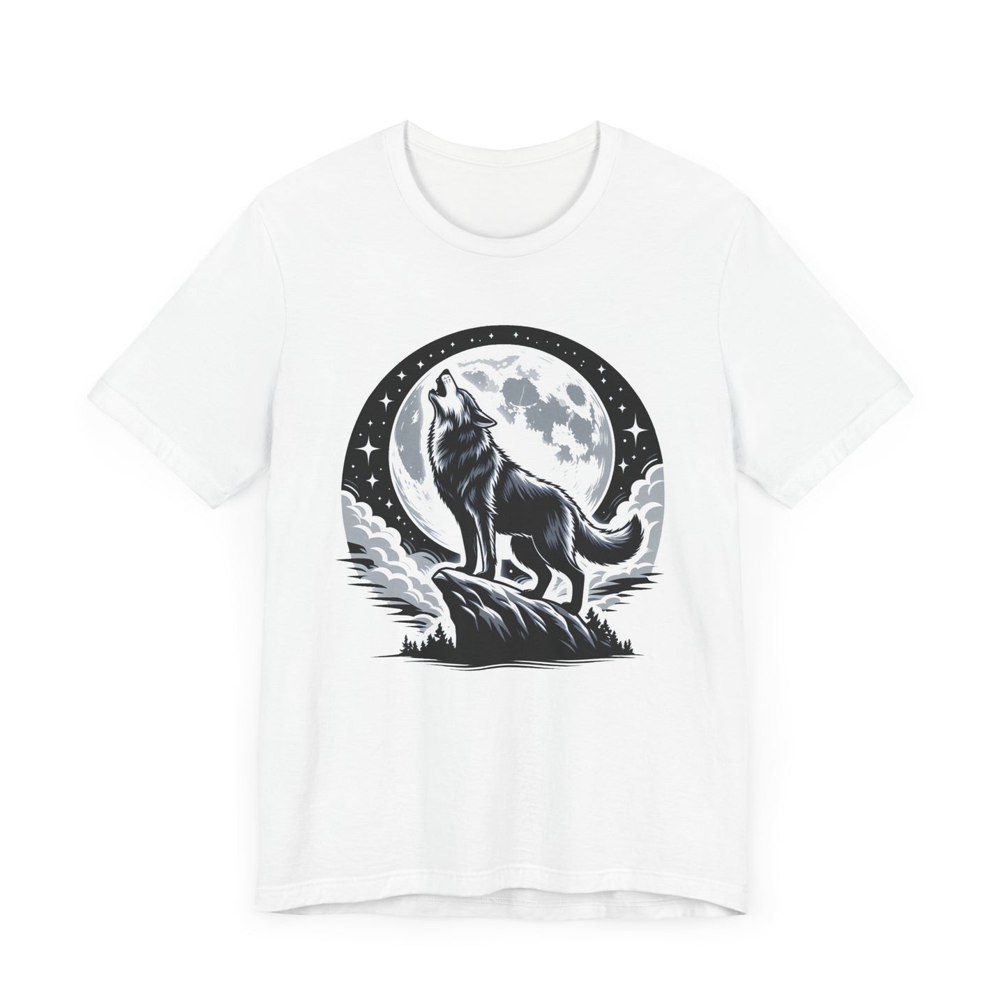 Mystical and Wild - Wolf Howling on Mountain Edge with Full Moon and Stars Graphic T-Shirt