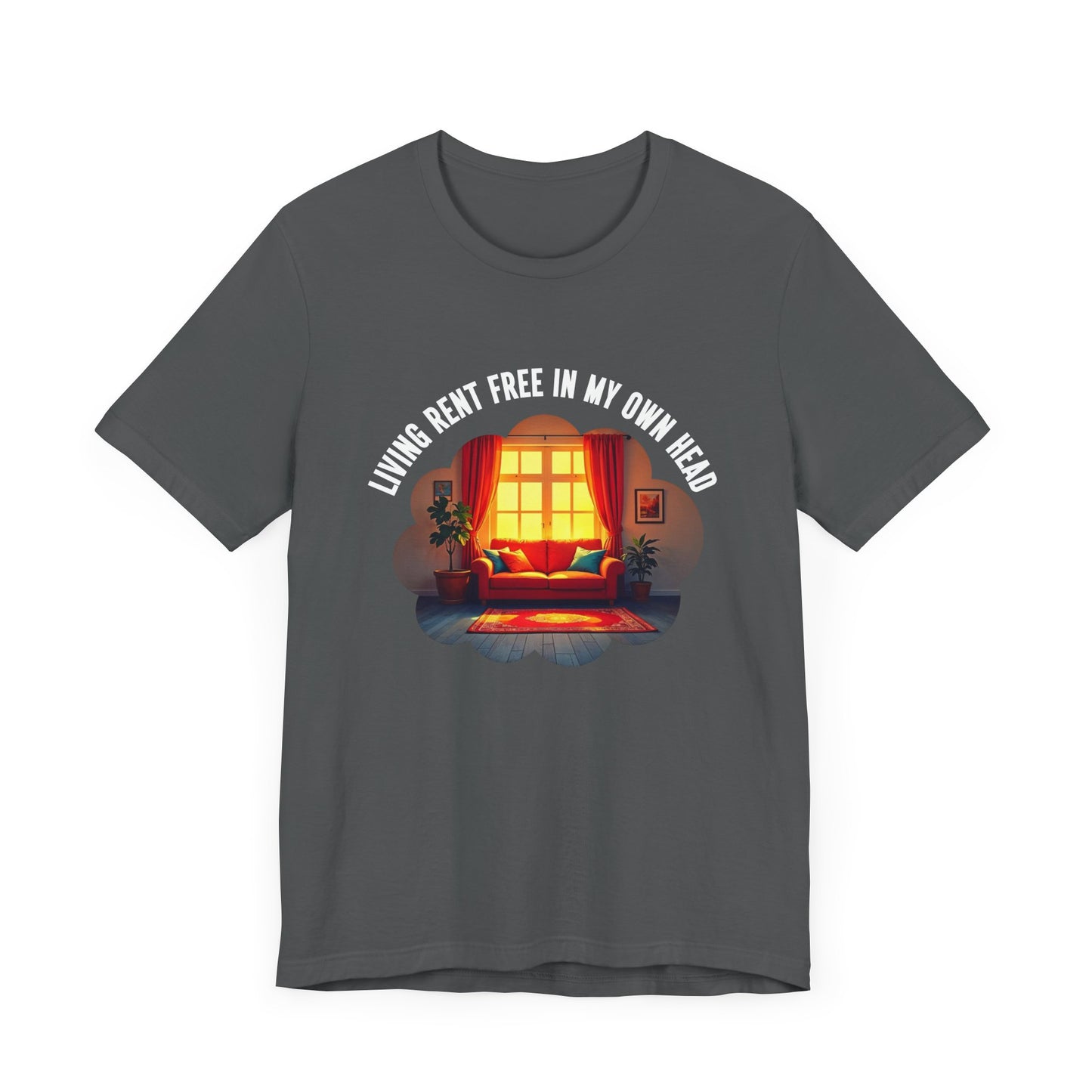 Living Rent Free in My Own Head – Cozy Living Room with Sofa & Sunlit Window Graphic T-Shirt