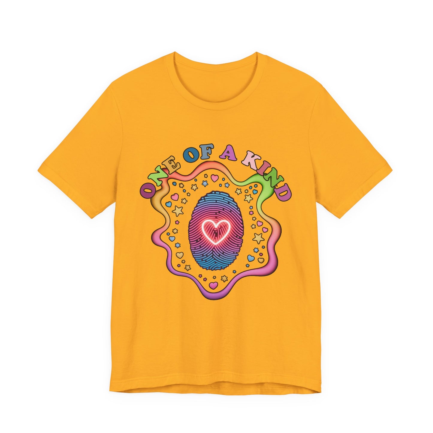 One of a Kind – Embrace Your Uniqueness Colorful Abstract Embryo with Fingerprint & Glowing Heart Graphic T-Shirt
