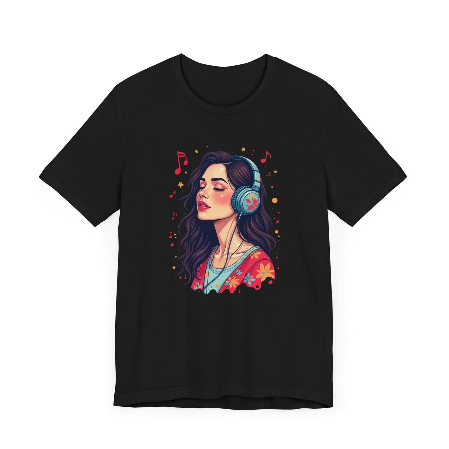 Quietly Loud – Woman with Headphones, Leaf Pattern Dress & Expressive Music Notes Graphic T-Shirt