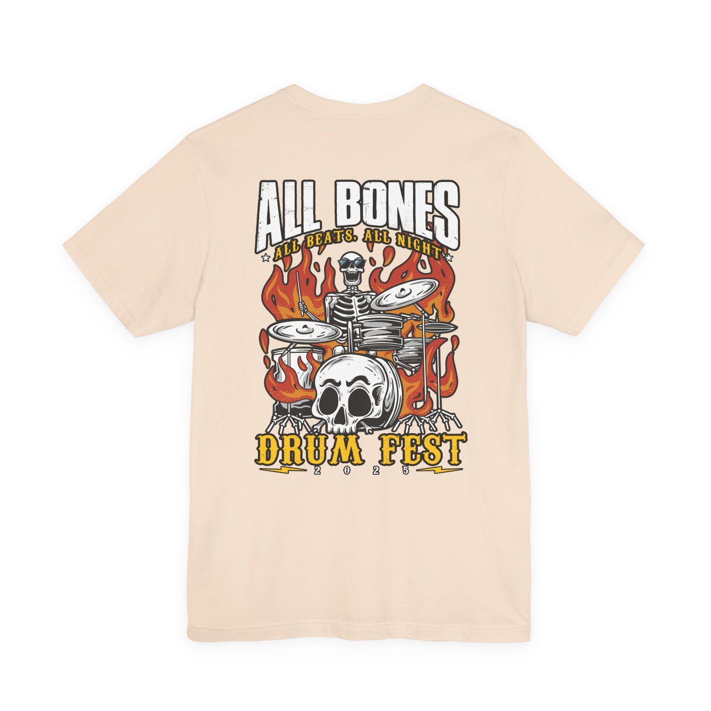All Bones Drum Fest 2025 T-Shirt – Skeleton Drummer Fiery Rock Design