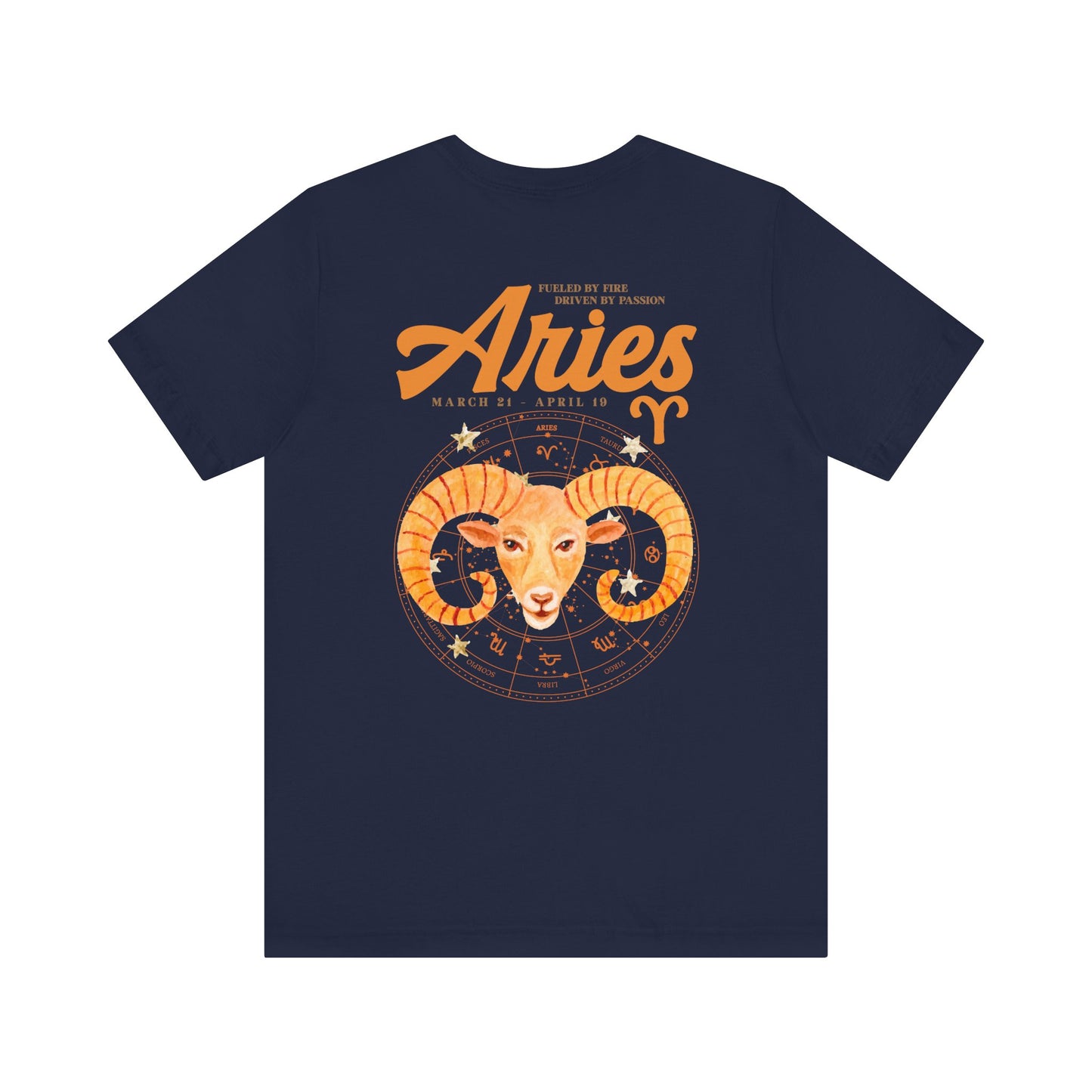 Aries Fueled by Fire T-Shirt – Ram Head with Zodiac Astrological Wheel