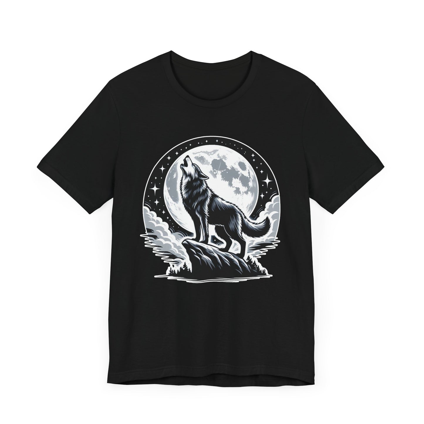 Mystical and Wild - Wolf Howling on Mountain Edge with Full Moon and Stars Graphic T-Shirt