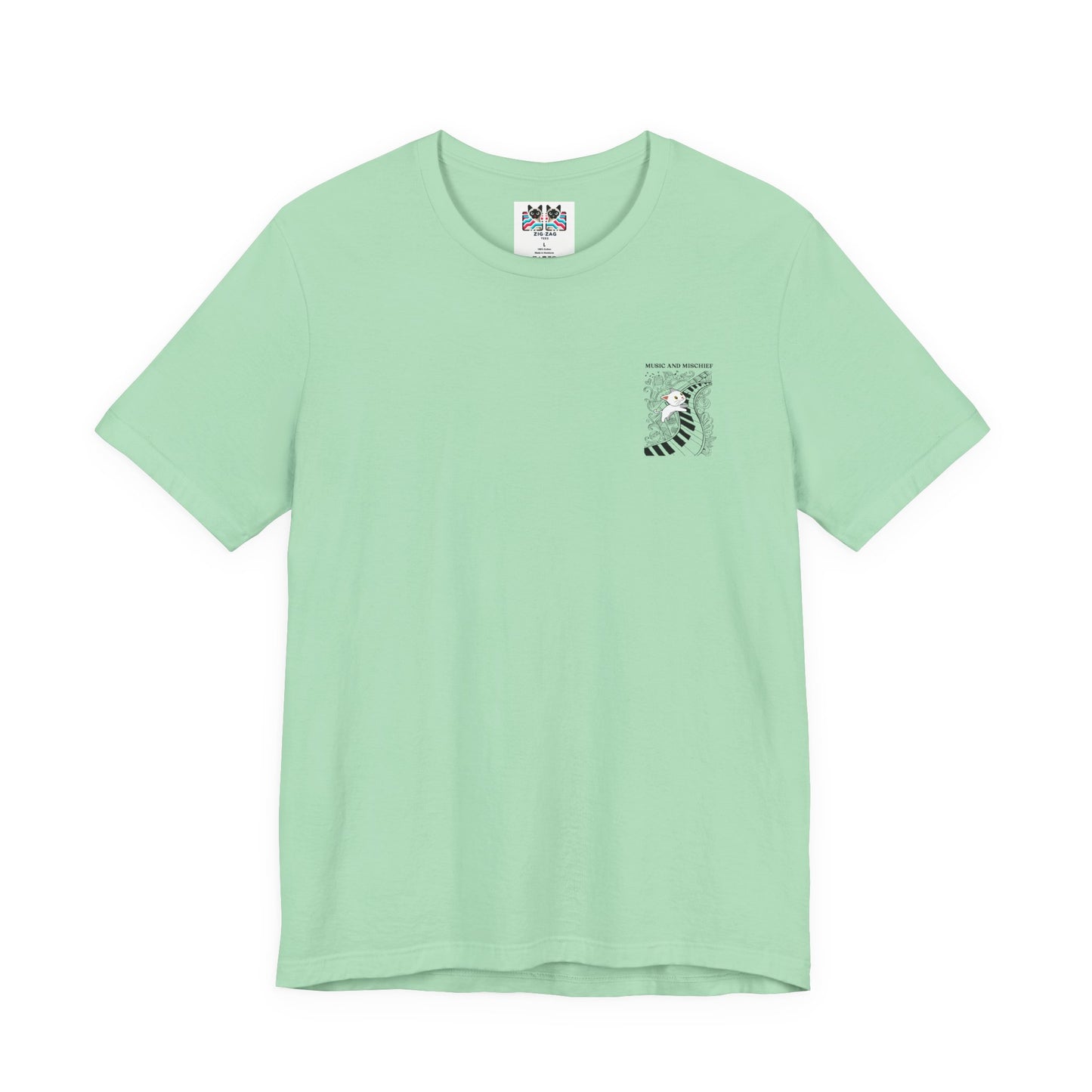 Music and Mischief T-Shirt – Piano and Playful Cat Graphic