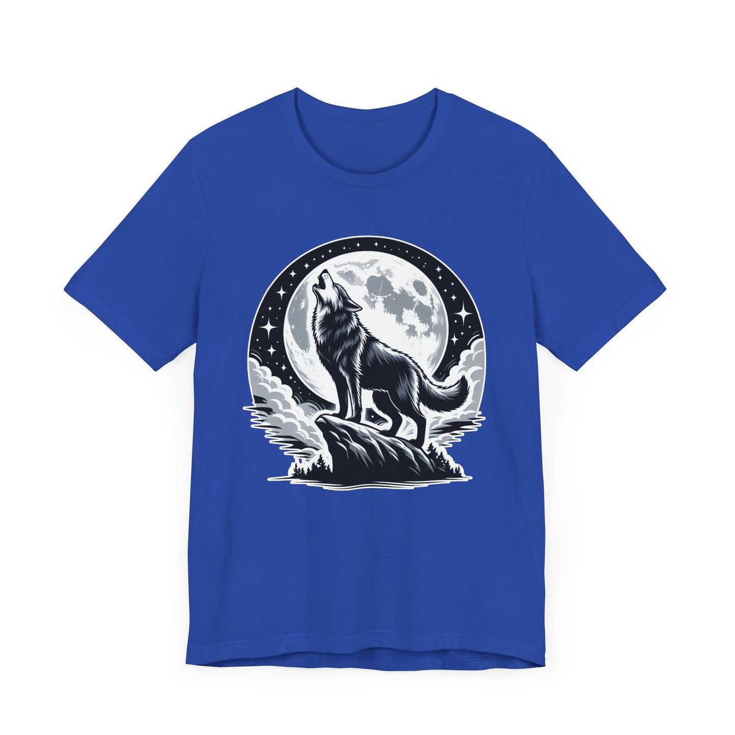 Mystical and Wild - Wolf Howling on Mountain Edge with Full Moon and Stars Graphic T-Shirt