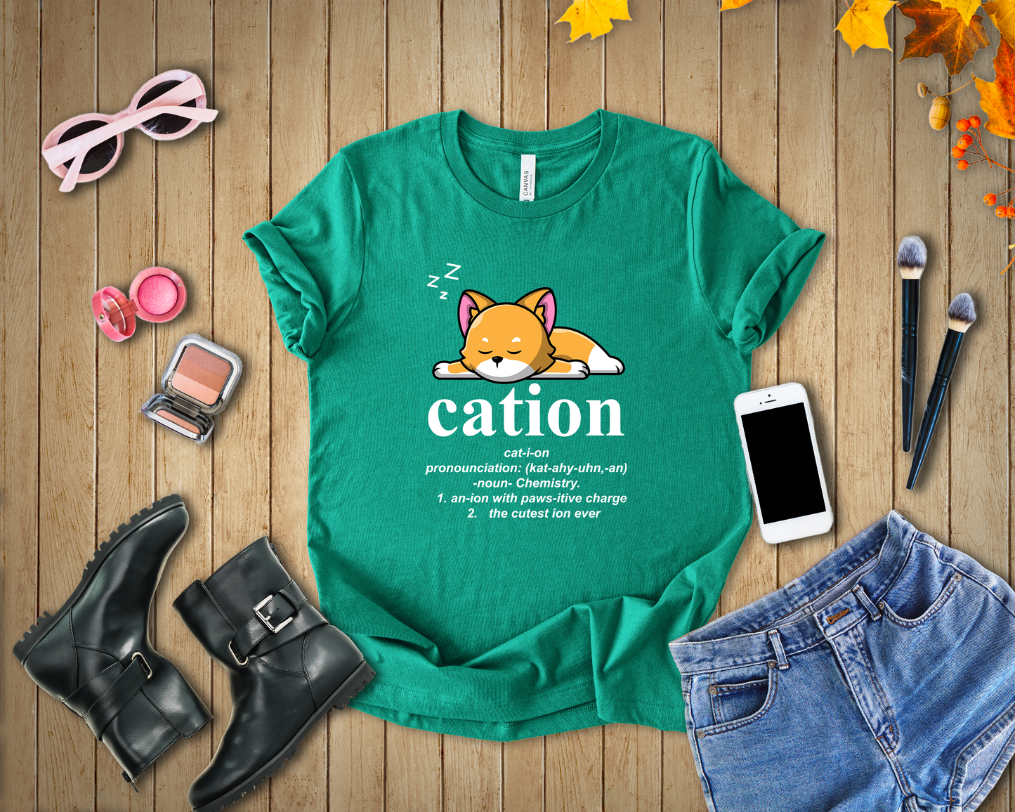 Caution Cat-i-on Tshirt – Lazy Sleepy Cat Chemistry Pun