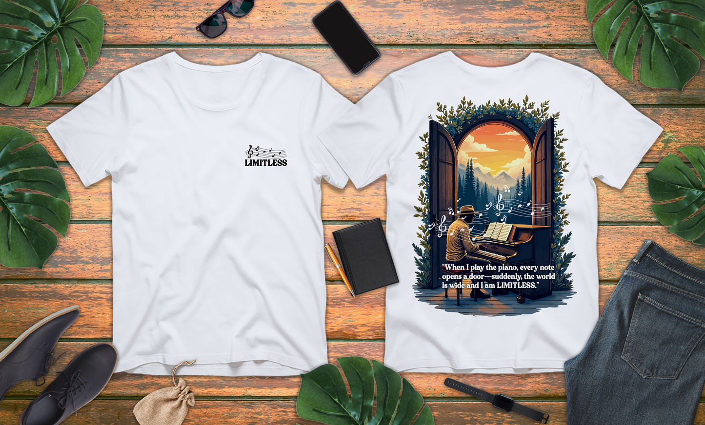 Limitless T-Shirt – Inspirational Piano and Nature Doorway Design