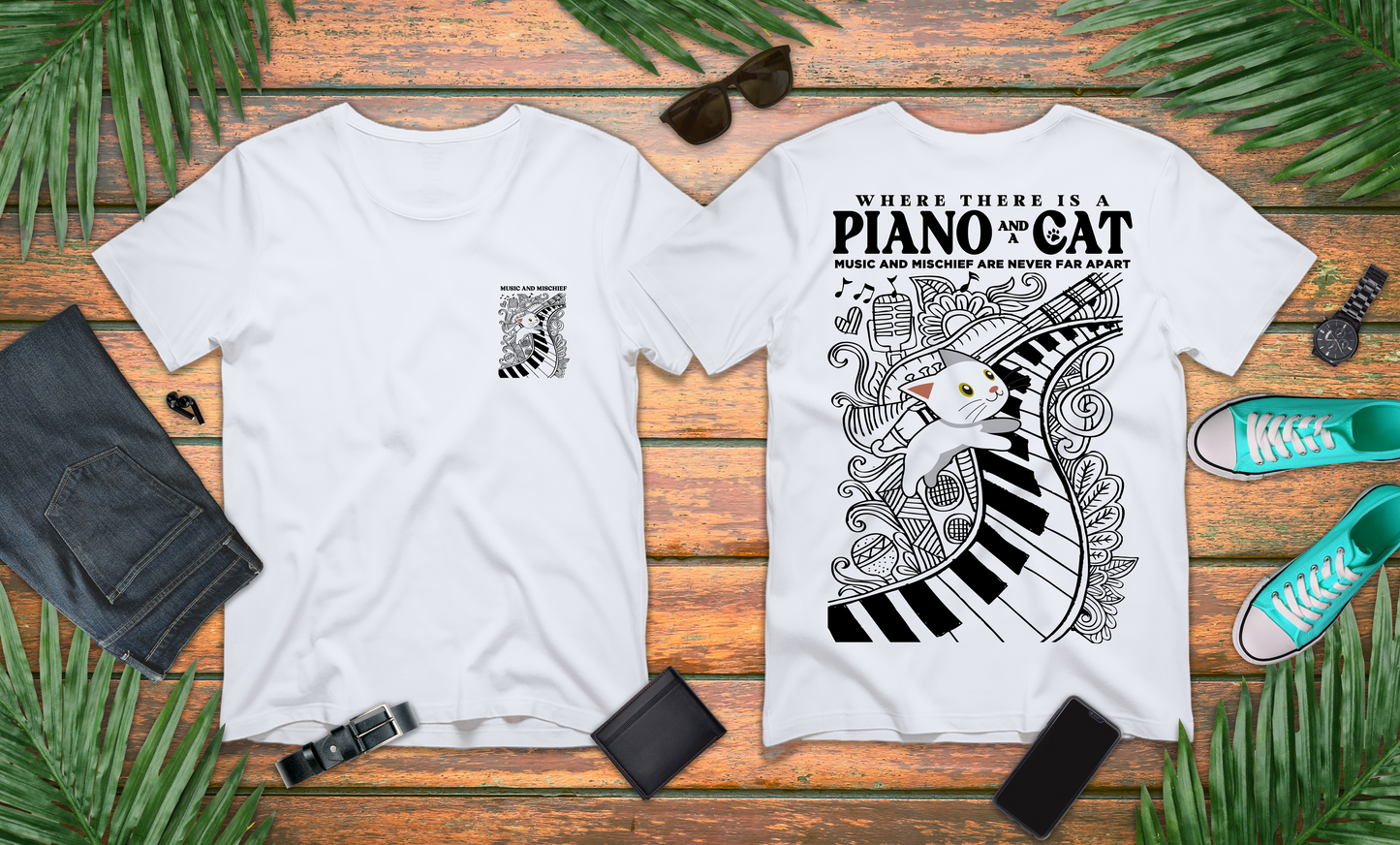 Music and Mischief T-Shirt – Piano and Playful Cat Graphic