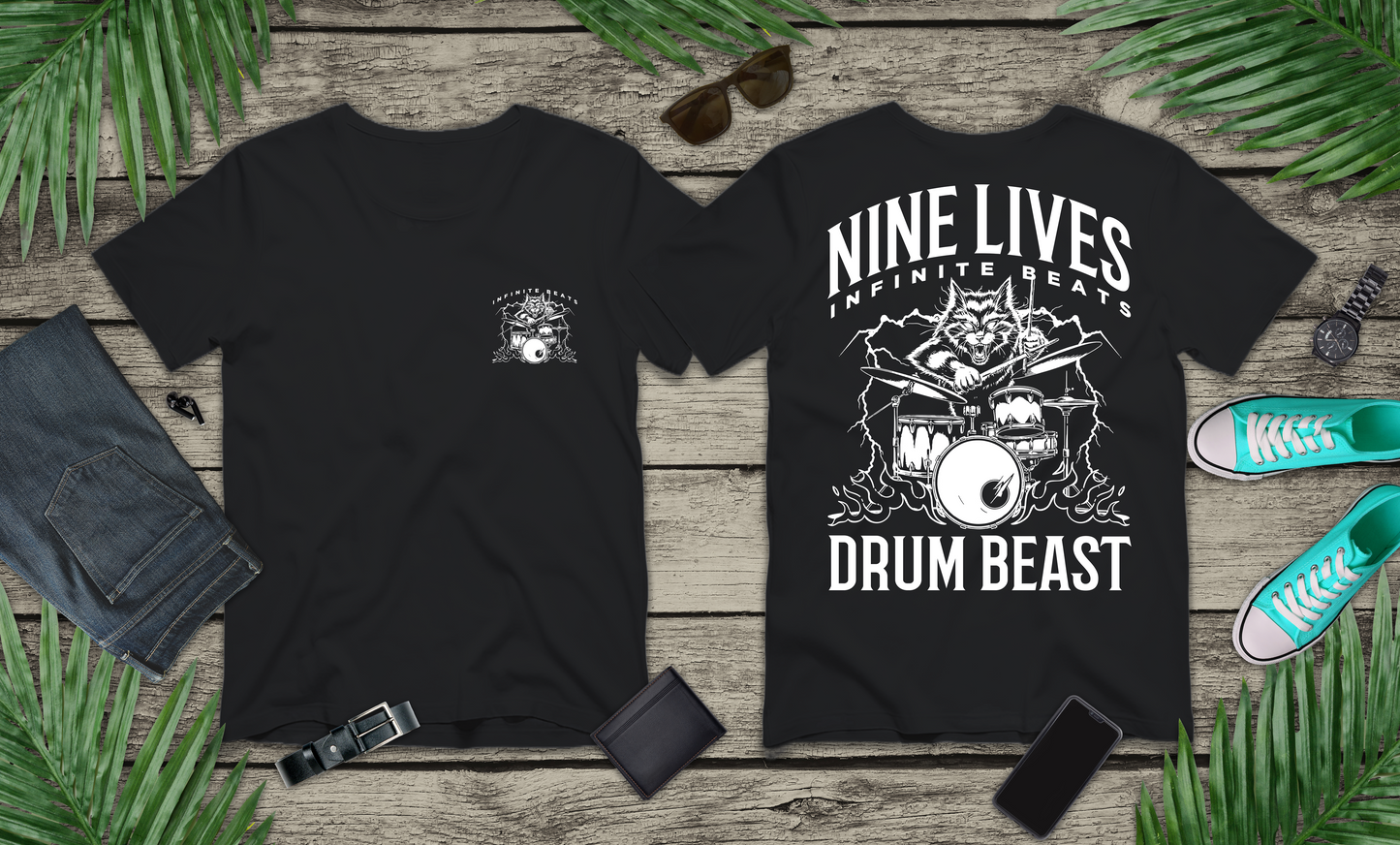 Nine Lives Infinite Beats DRUM BEAST T-Shirt – Furious Car Drum Machine Graphic