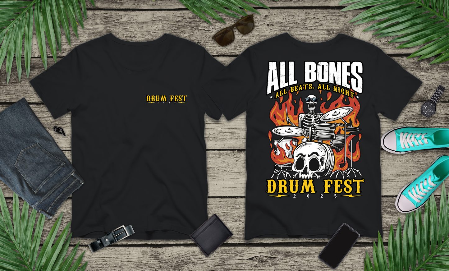 All Bones Drum Fest 2025 T-Shirt – Skeleton Drummer Fiery Rock Design