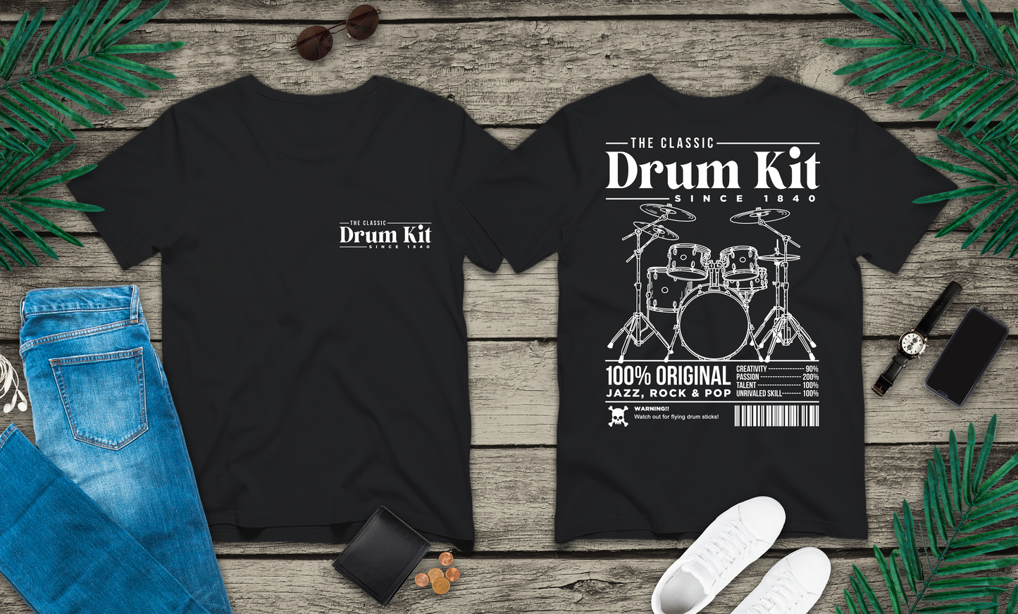 The Classic Drum Kit T-Shirt – Vintage Design with Bold Music Stats & Warning