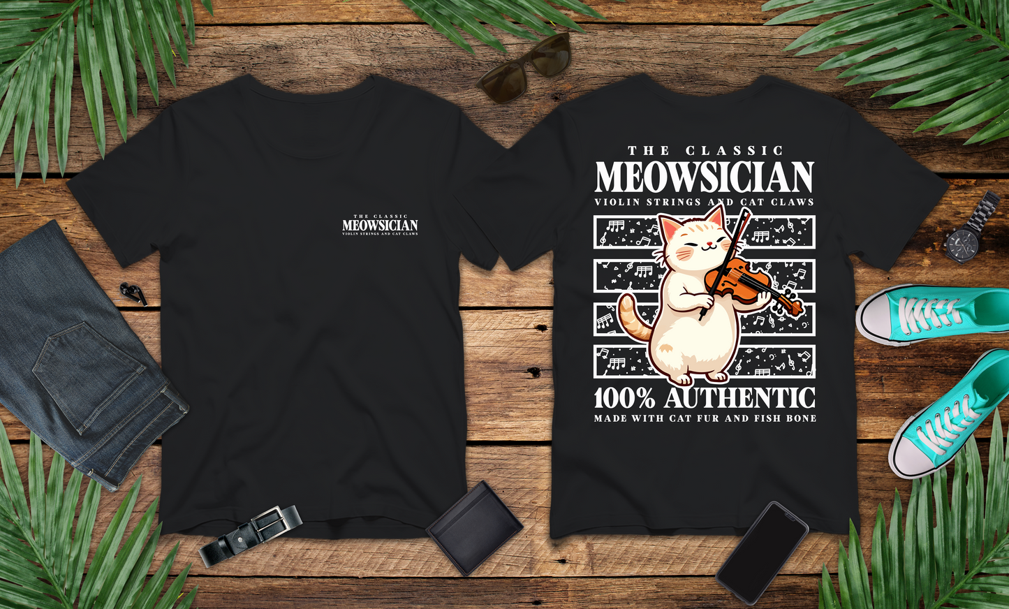 The Classic Meowsician T-Shirt – Cat & Violin Music Notes Fun Graphic