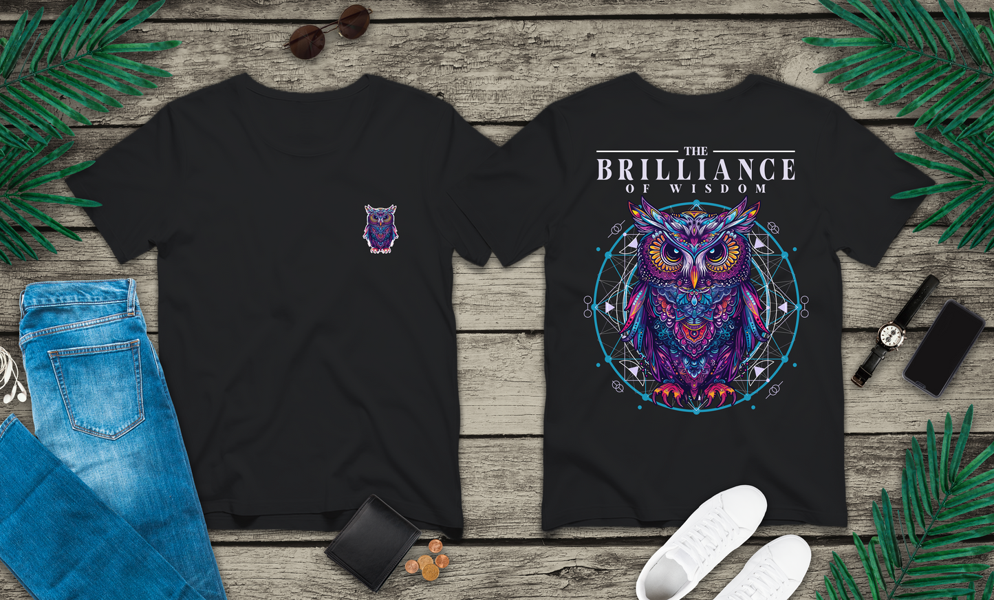 The Brilliance of Wisdom T-Shirt – Vibrant Owl with Geometric Art