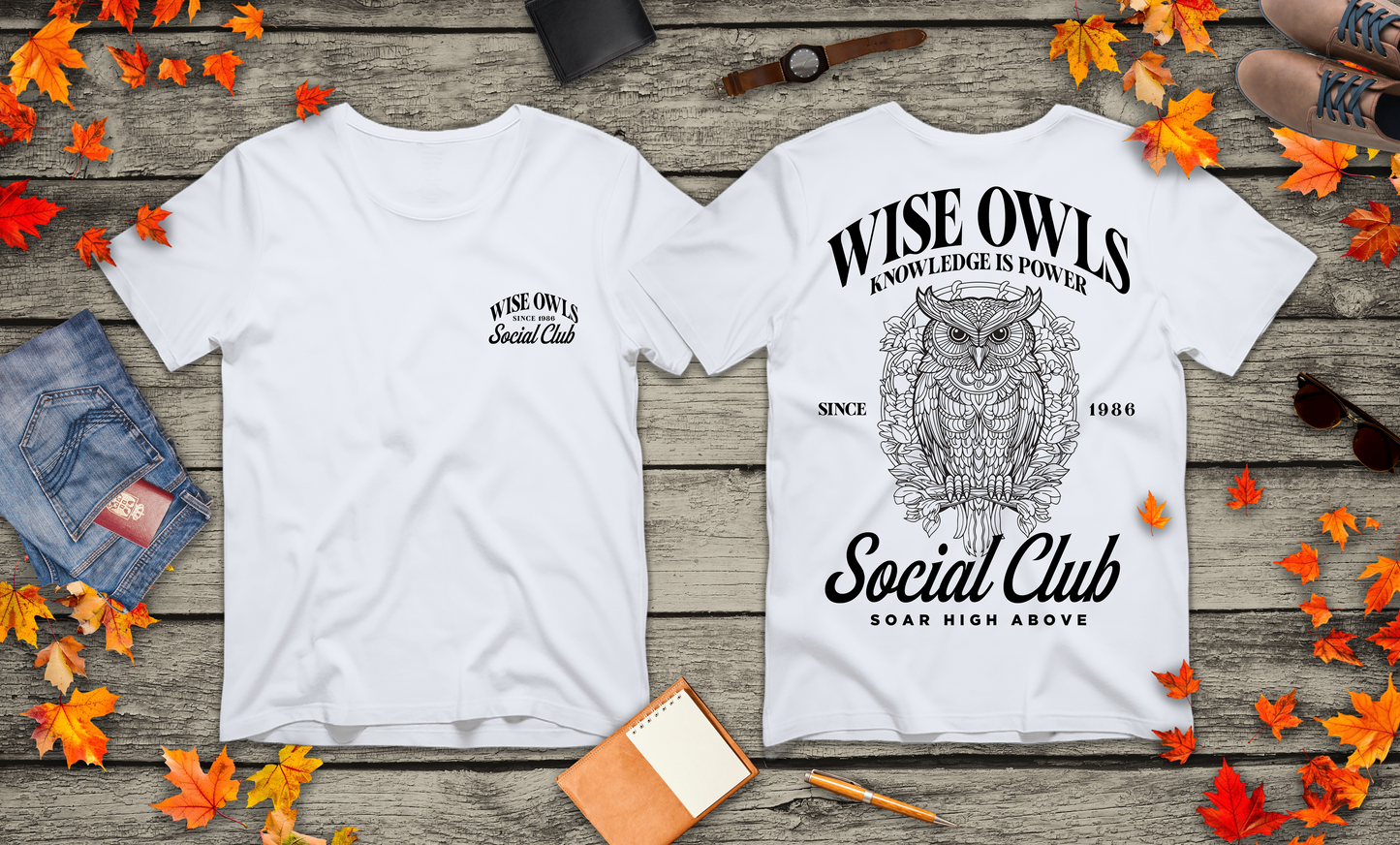 Wise Owl Social Club T-Shirt – Calm Owl on Branch with Empowering Text