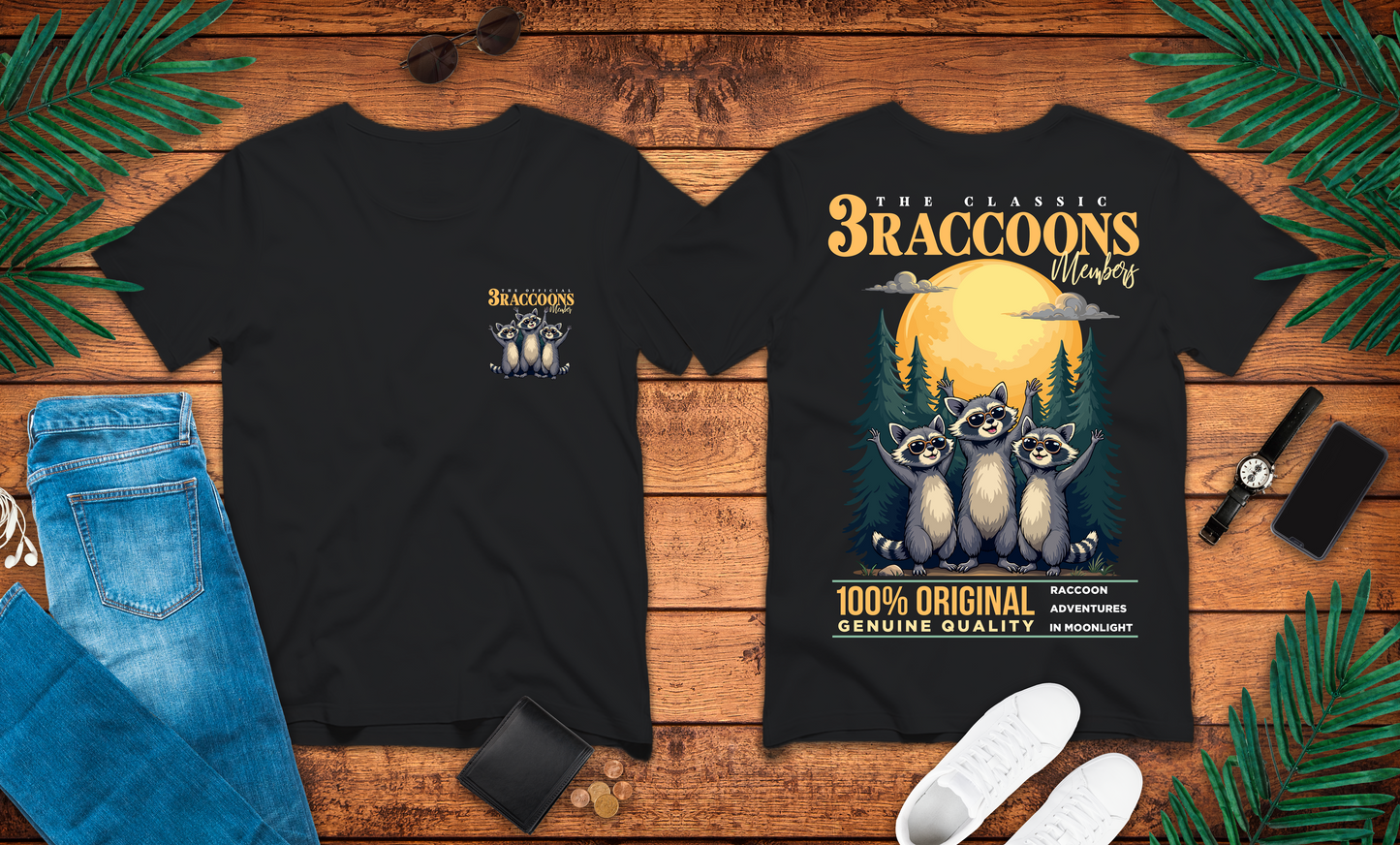 The Classic 3 Raccoons Members T-Shirt – Moonlight Raccoon Adventure Graphic