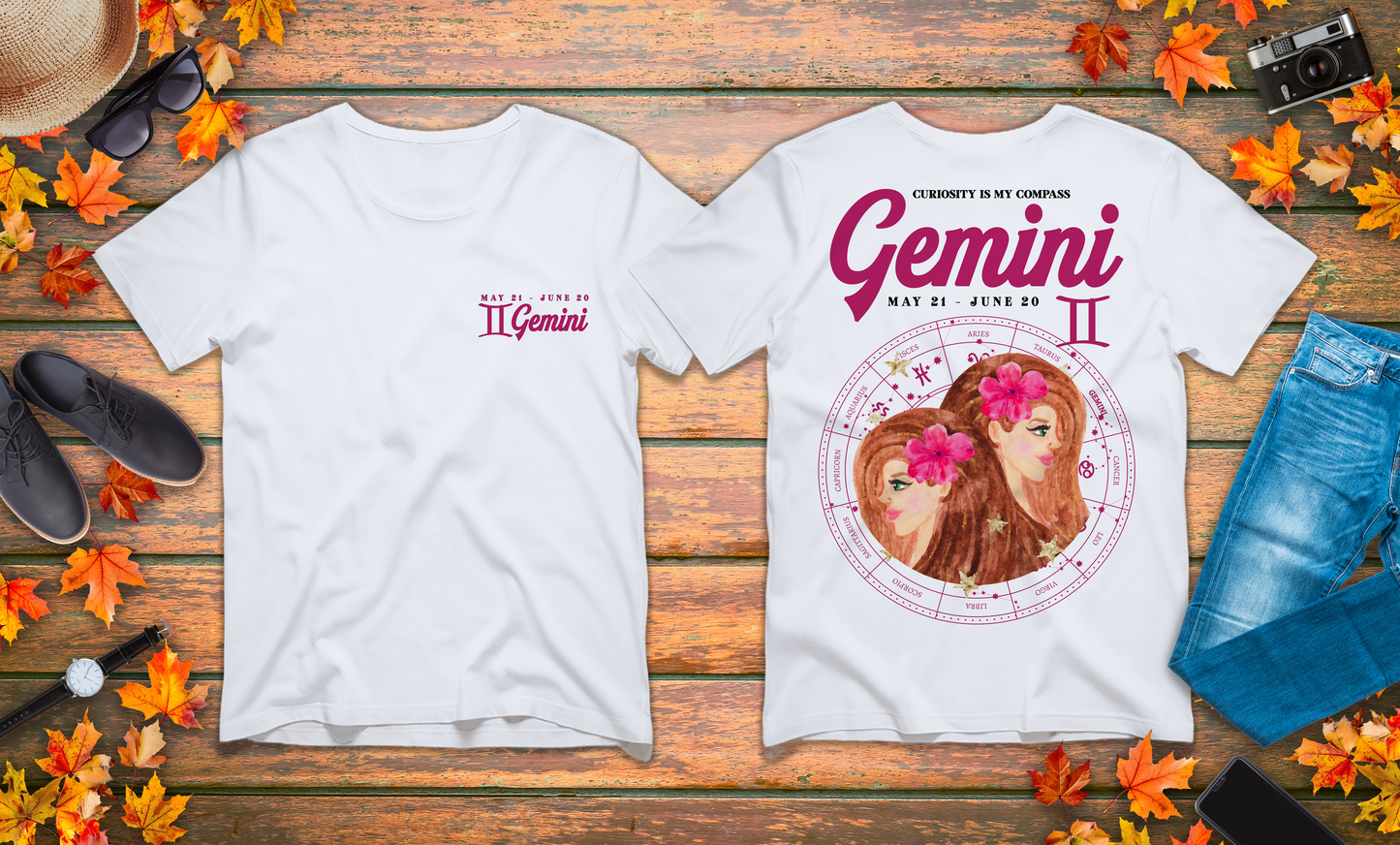 Gemini Curiosity Compass T-Shirt – Zodiac Twins with Astrological Wheel