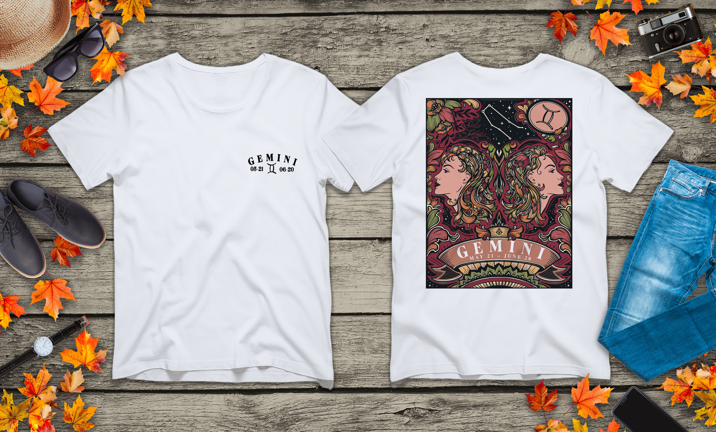Gemini Zodiac T-Shirt – Ornate Twins with Constellation and Floral Design