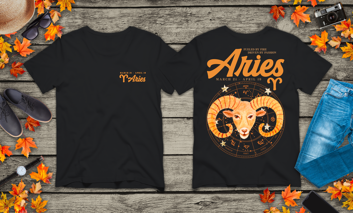 Aries Fueled by Fire T-Shirt – Ram Head with Zodiac Astrological Wheel