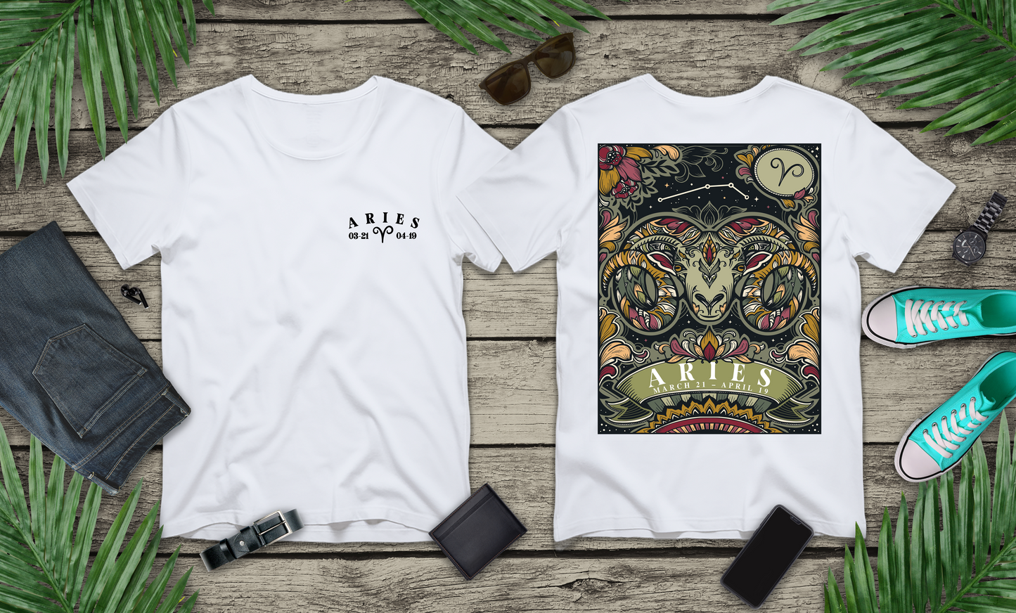 Aries Zodiac T-Shirt – Ram Head with Constellation and Floral Background