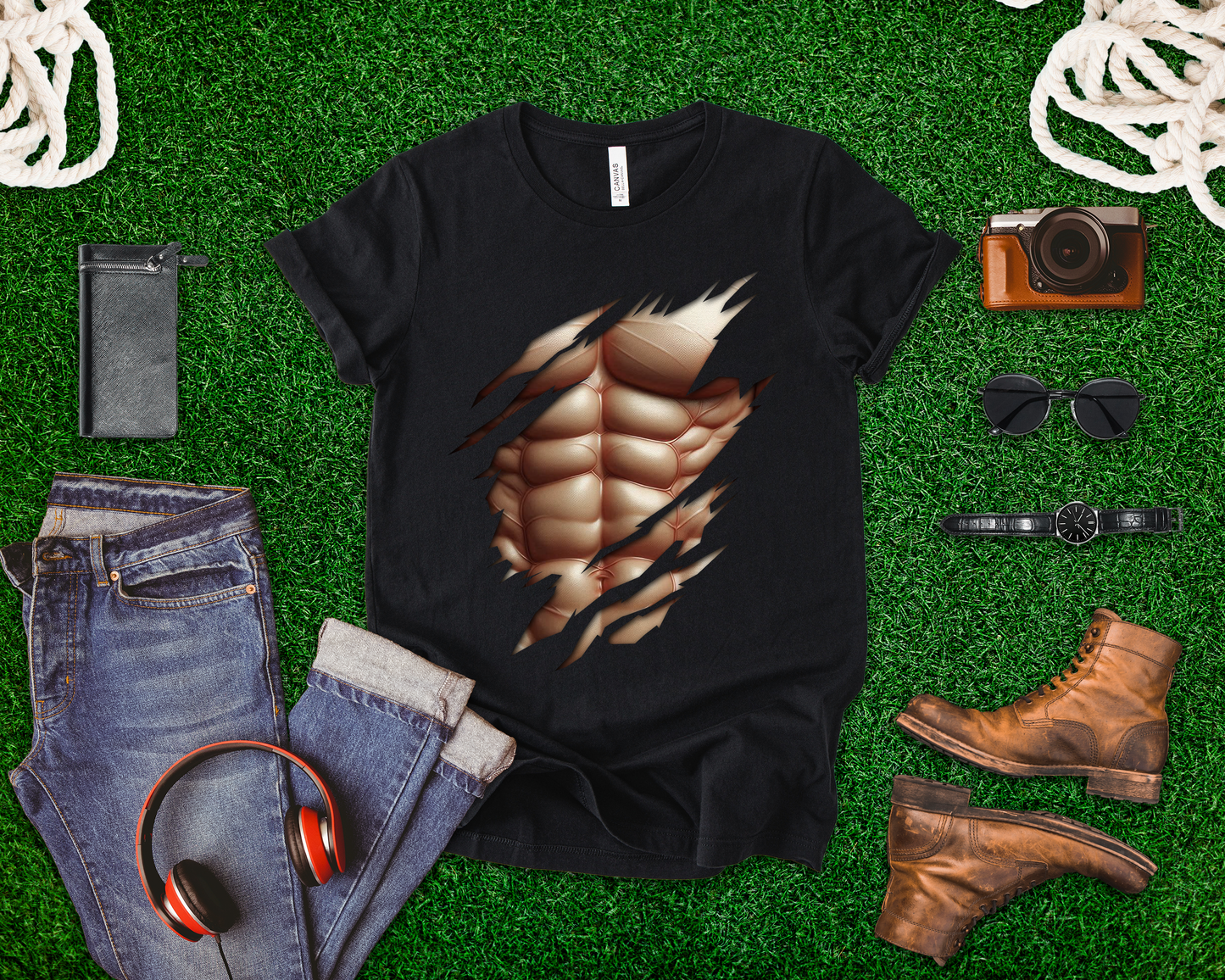 Fake Muscles Ripped Chest Six Pack Abs Funny Costume T-Shirt