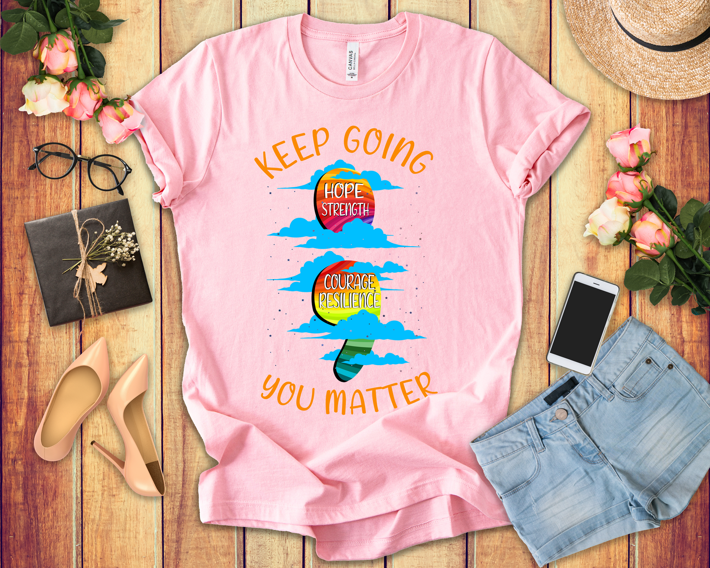 Keep going Semi Colon Rainbow Affirmation Graphic Statement Tee for Mental Health, Recovery, and the Story That Still Continues in Color