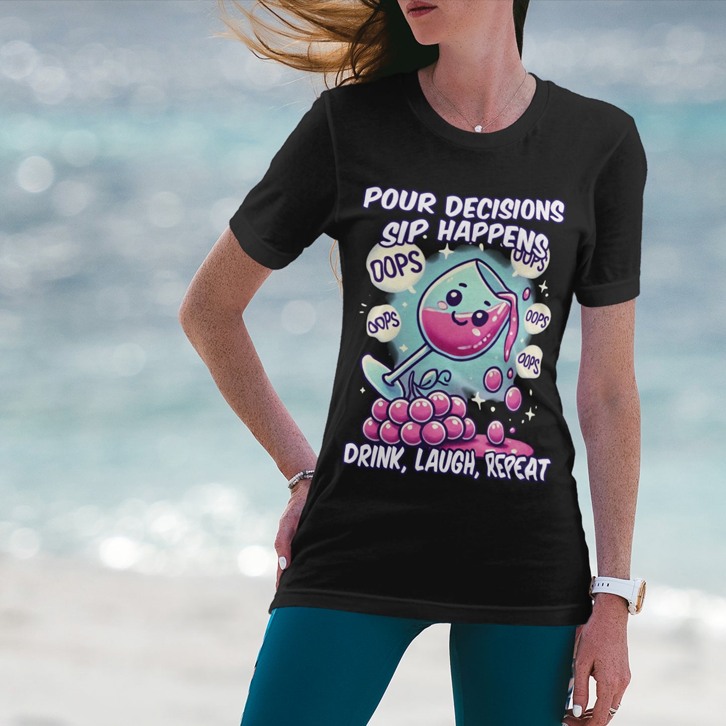 Pour Decisions Sip Happiness | Spilling Wine Glass Graphic T-Shirt