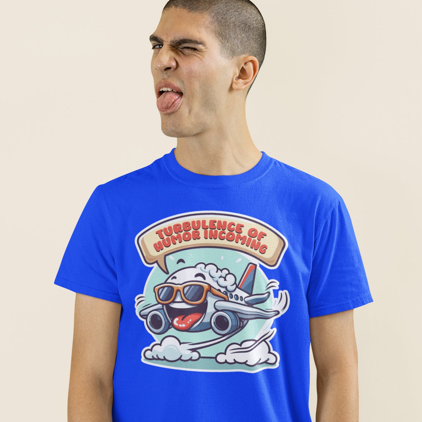 Turbulence of Humor Coming | Flight Landing with Smiling Face & Sunglasses Graphic T-Shirt
