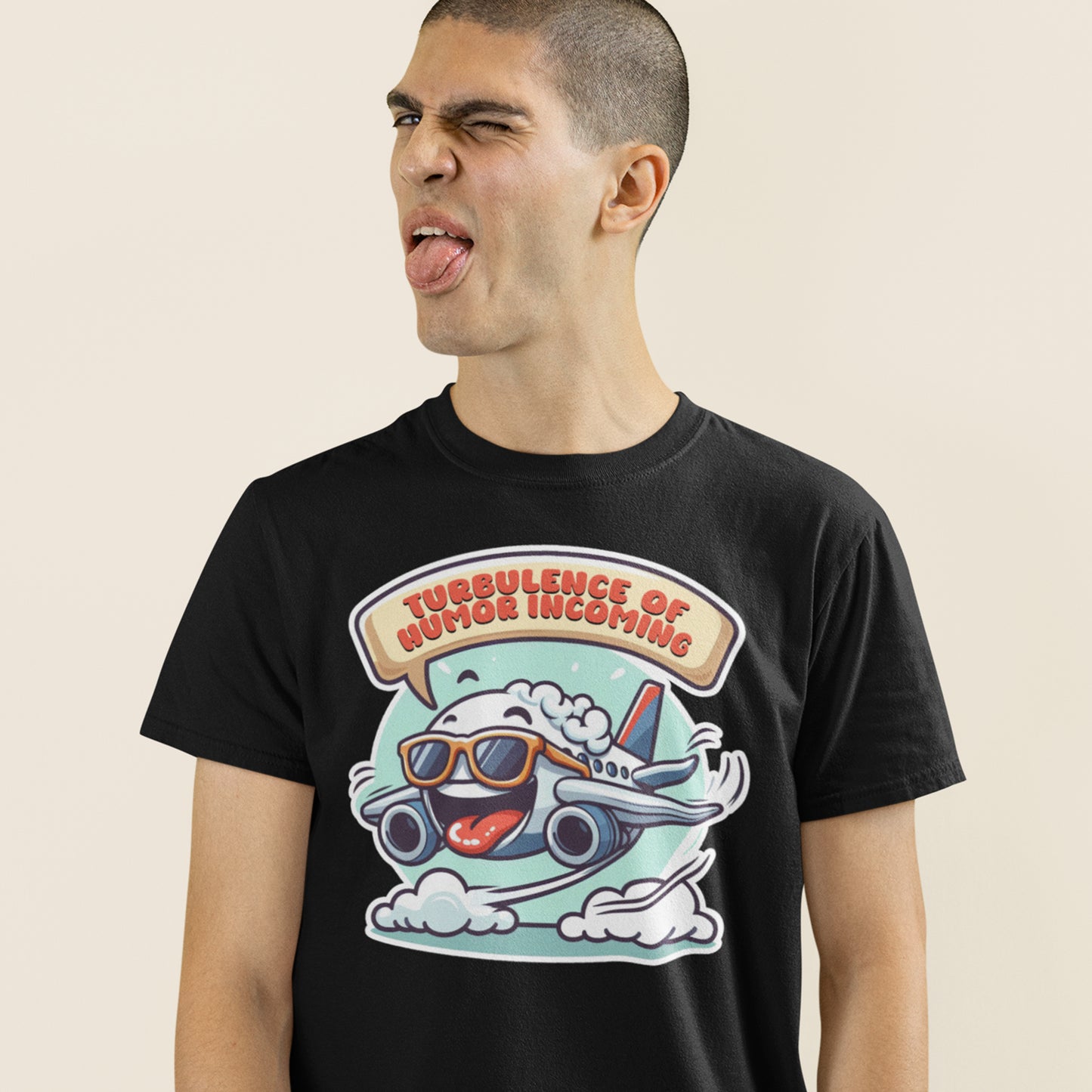 Turbulence of Humor Coming | Flight Landing with Smiling Face & Sunglasses Graphic T-Shirt
