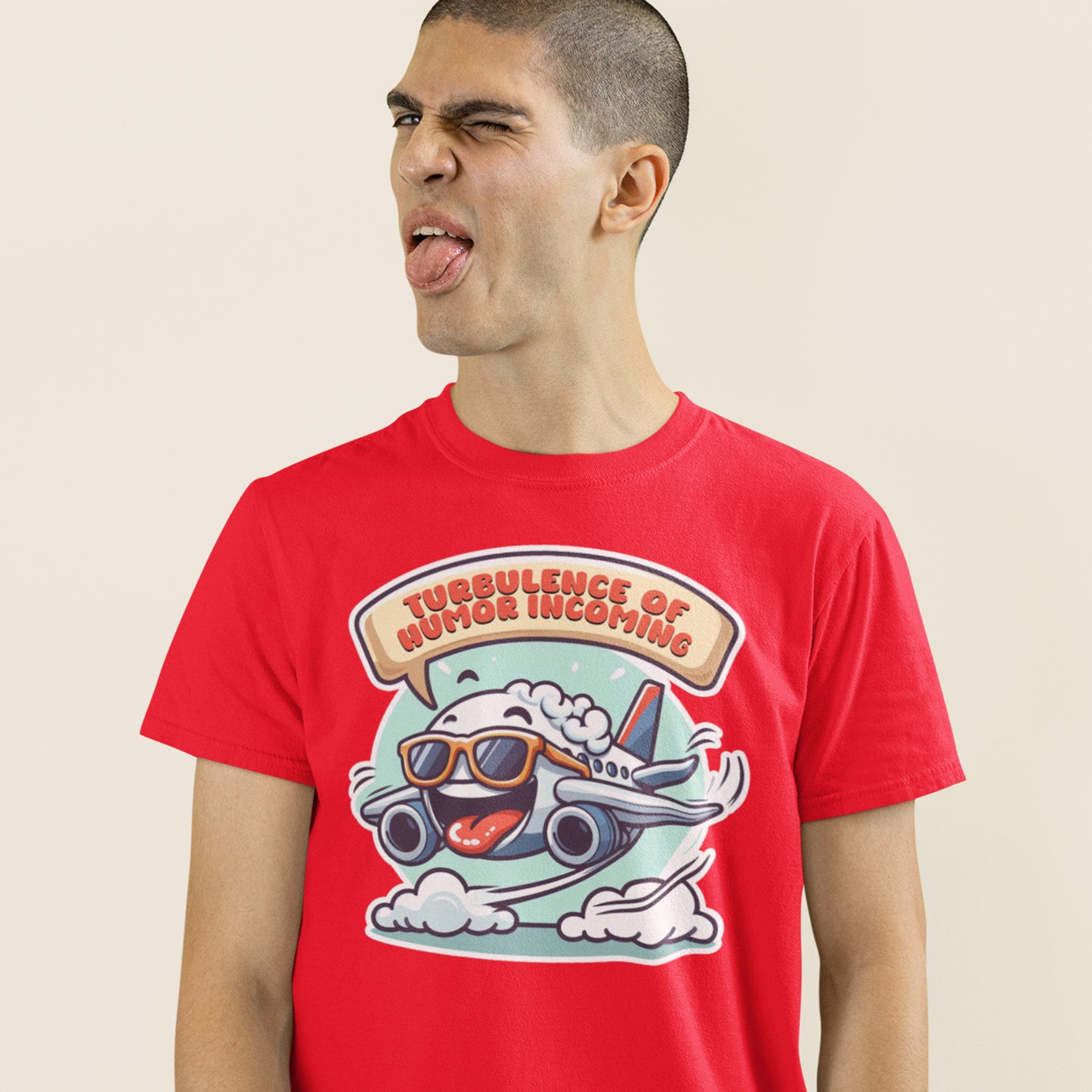 Turbulence of Humor Coming | Flight Landing with Smiling Face & Sunglasses Graphic T-Shirt