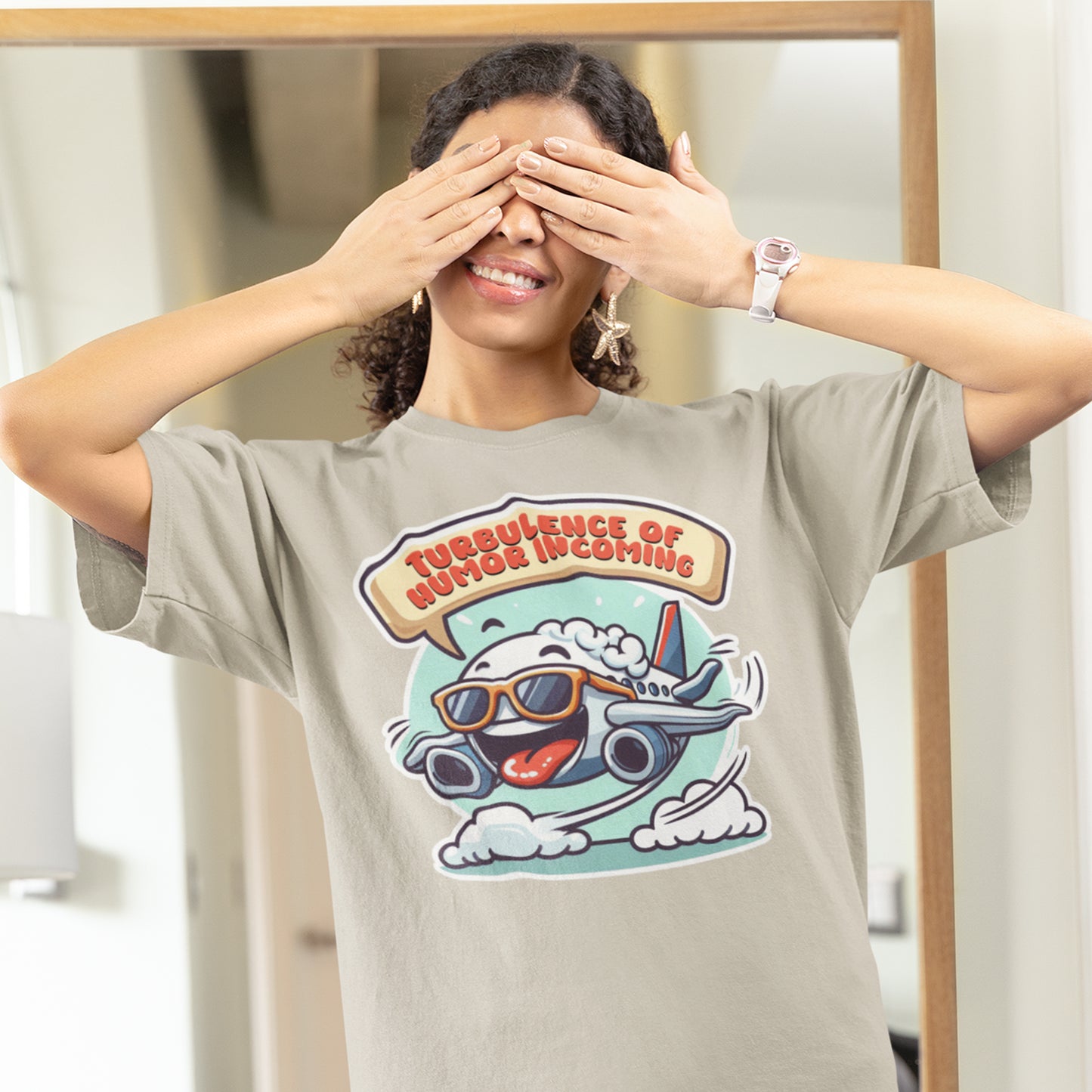 Turbulence of Humor Coming | Flight Landing with Smiling Face & Sunglasses Graphic T-Shirt