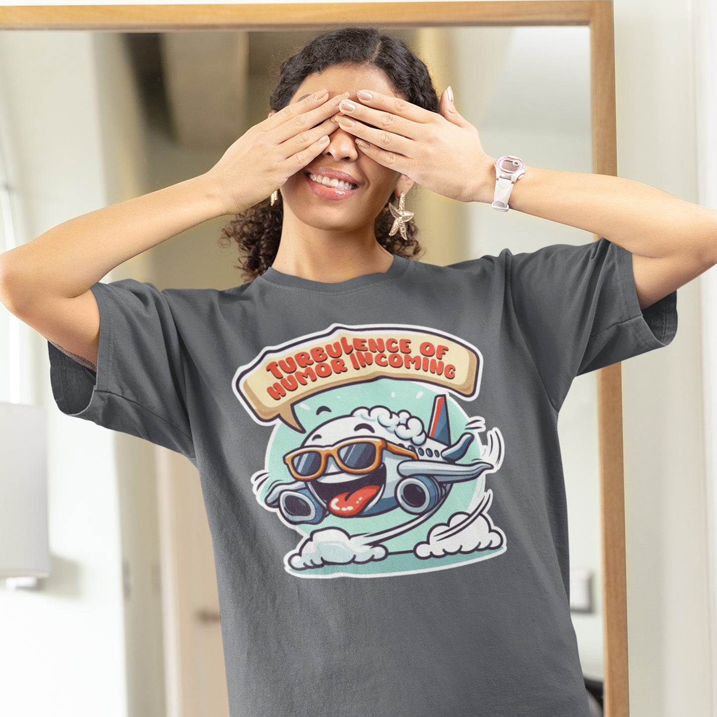 Turbulence of Humor Coming | Flight Landing with Smiling Face & Sunglasses Graphic T-Shirt