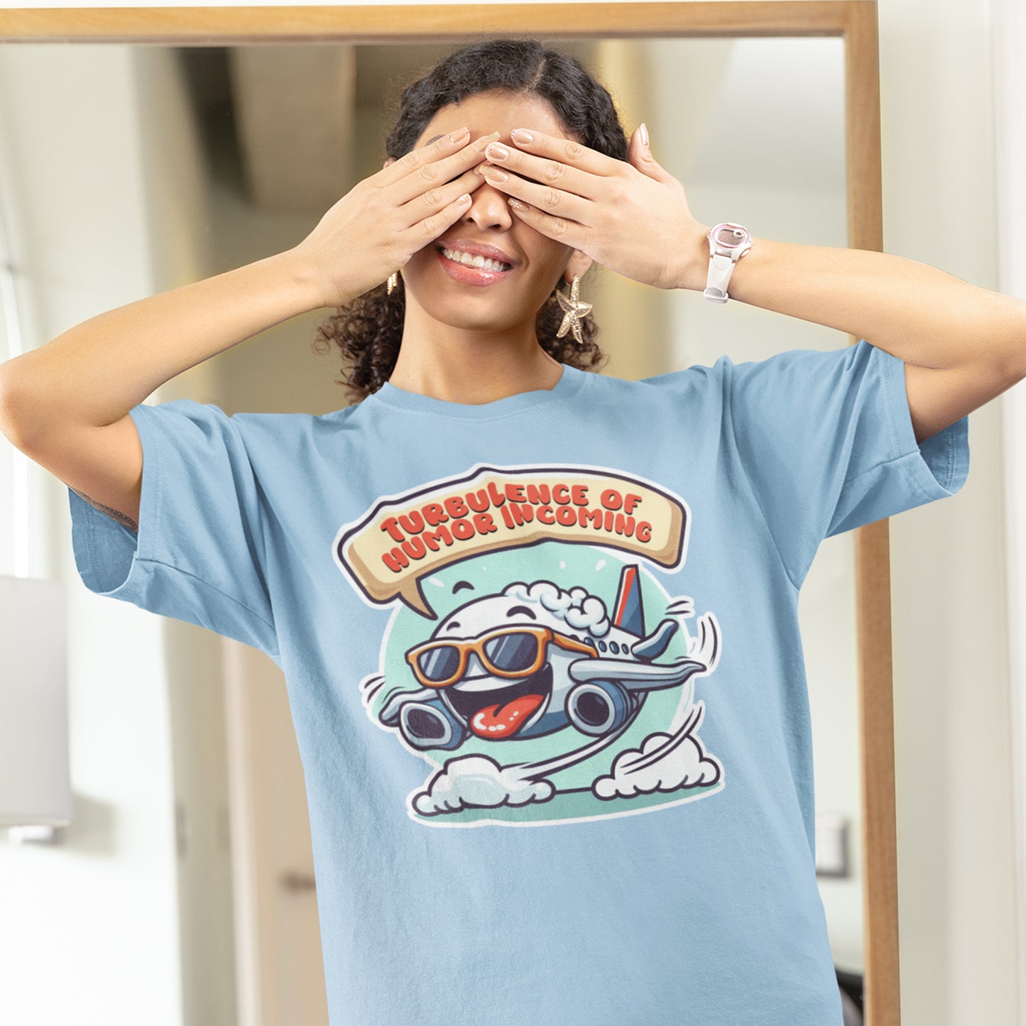 Turbulence of Humor Coming | Flight Landing with Smiling Face & Sunglasses Graphic T-Shirt