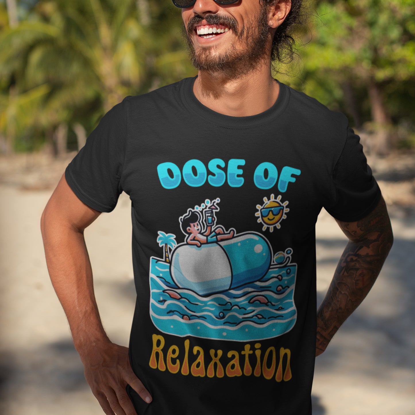 Dose of Relaxation | Boy Sitting on Pill Floating on Water with Drink, Sun & Palm Tree Graphic T-Shirt