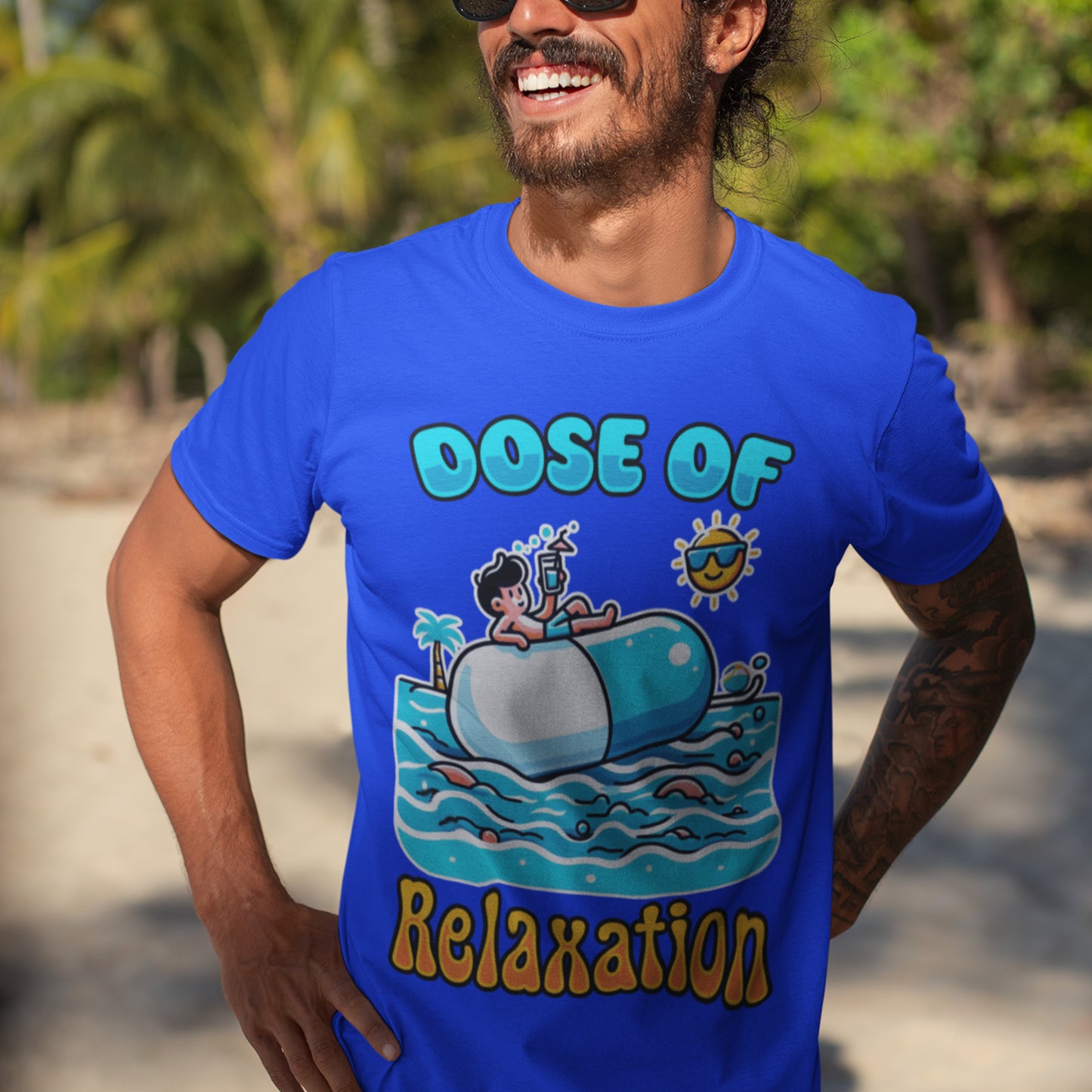 Dose of Relaxation | Boy Sitting on Pill Floating on Water with Drink, Sun & Palm Tree Graphic T-Shirt