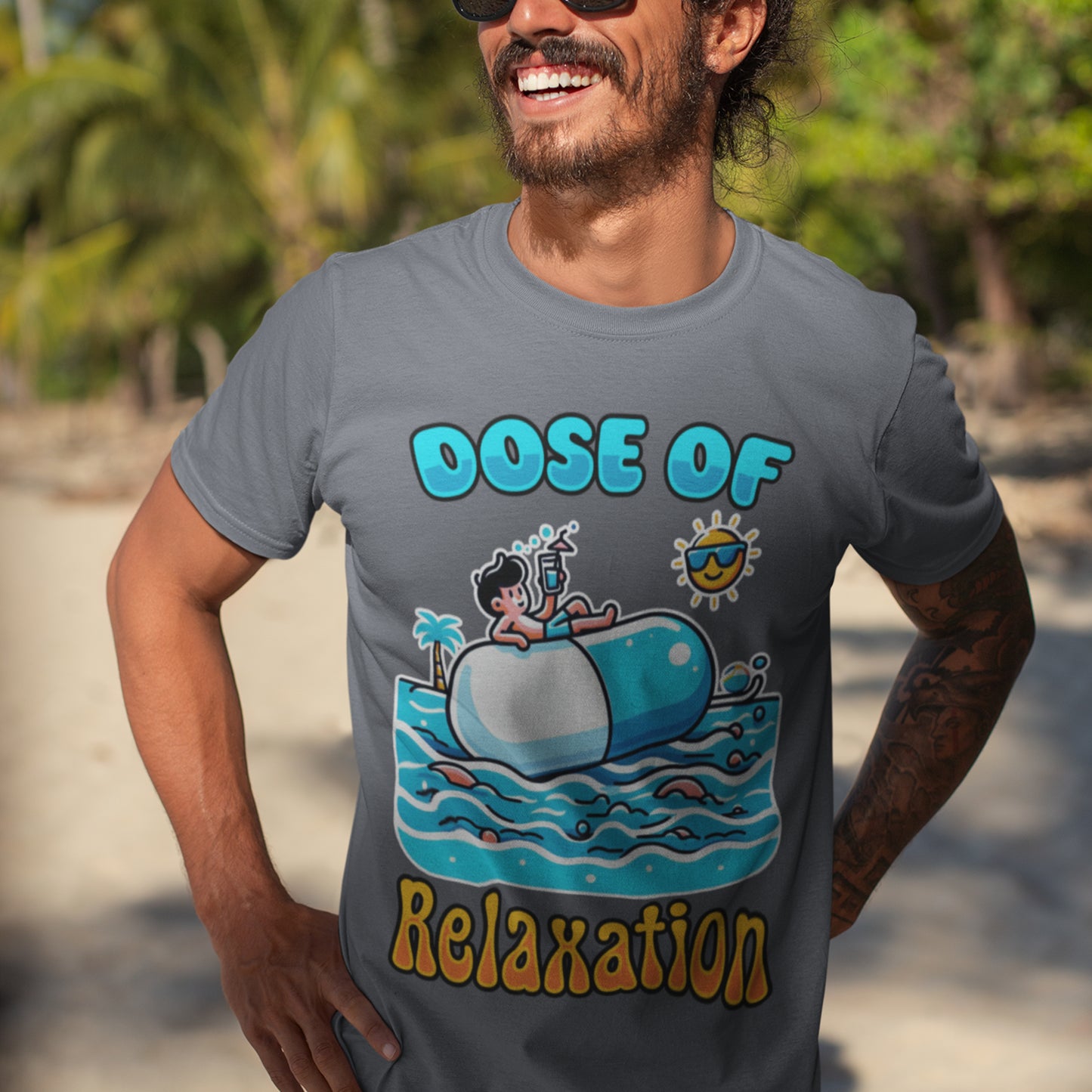 Dose of Relaxation | Boy Sitting on Pill Floating on Water with Drink, Sun & Palm Tree Graphic T-Shirt