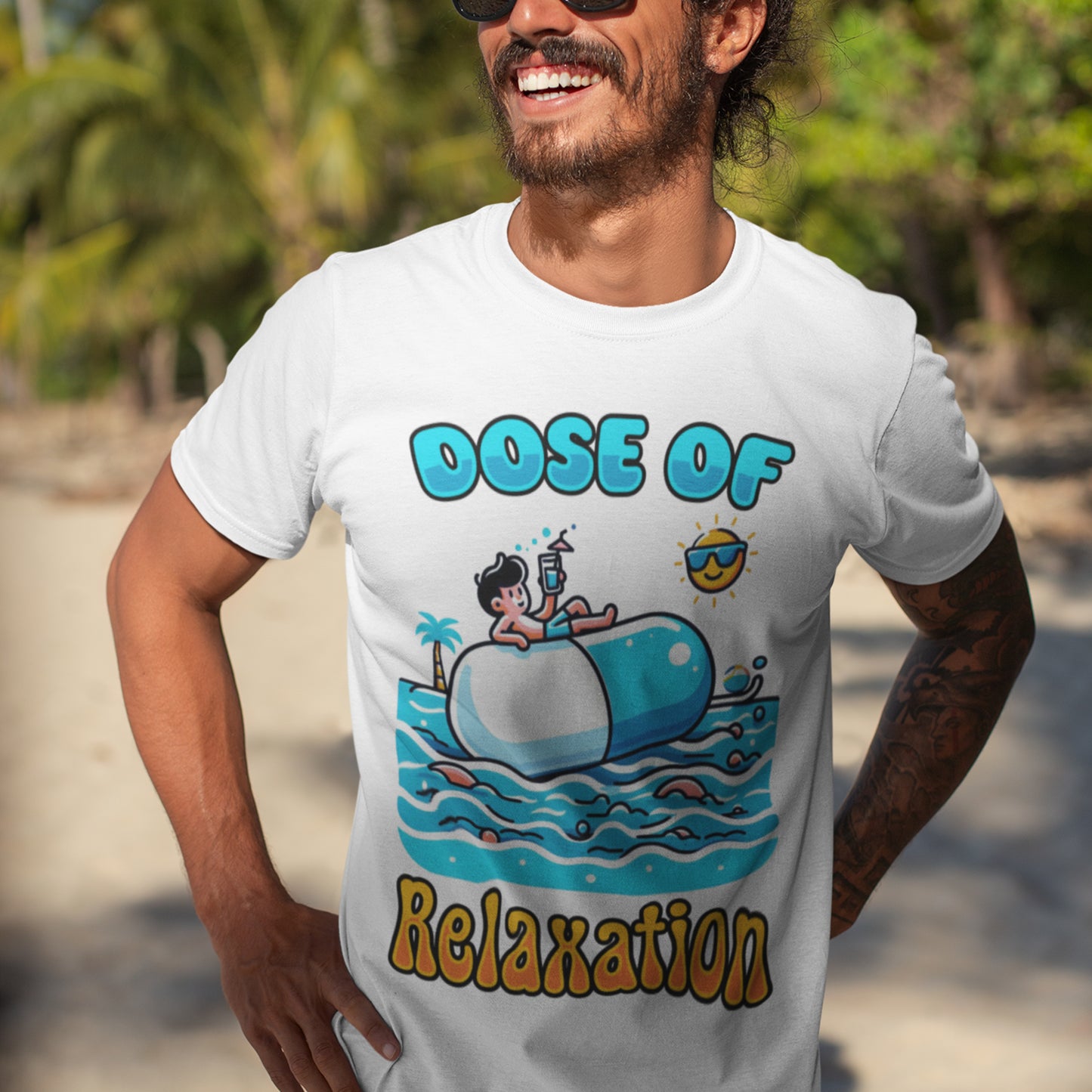 Dose of Relaxation | Boy Sitting on Pill Floating on Water with Drink, Sun & Palm Tree Graphic T-Shirt
