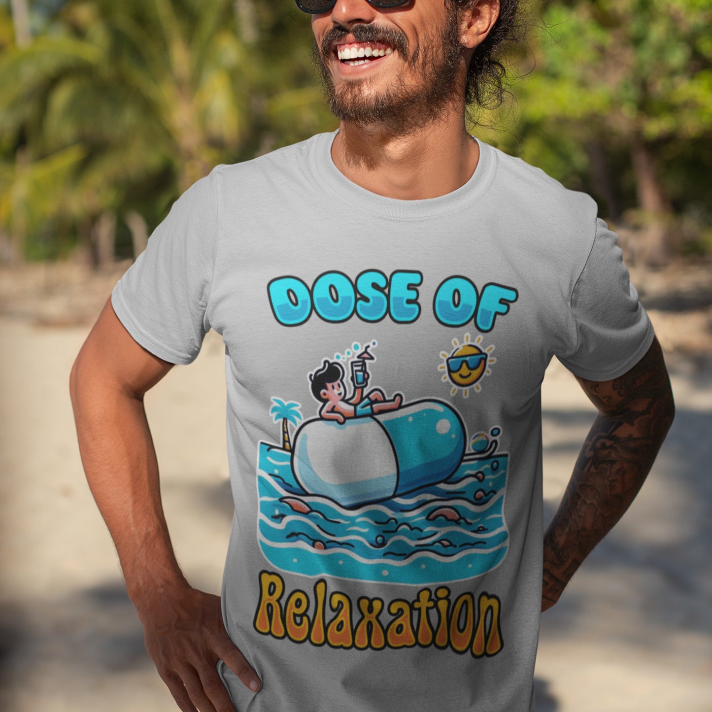 Dose of Relaxation | Boy Sitting on Pill Floating on Water with Drink, Sun & Palm Tree Graphic T-Shirt
