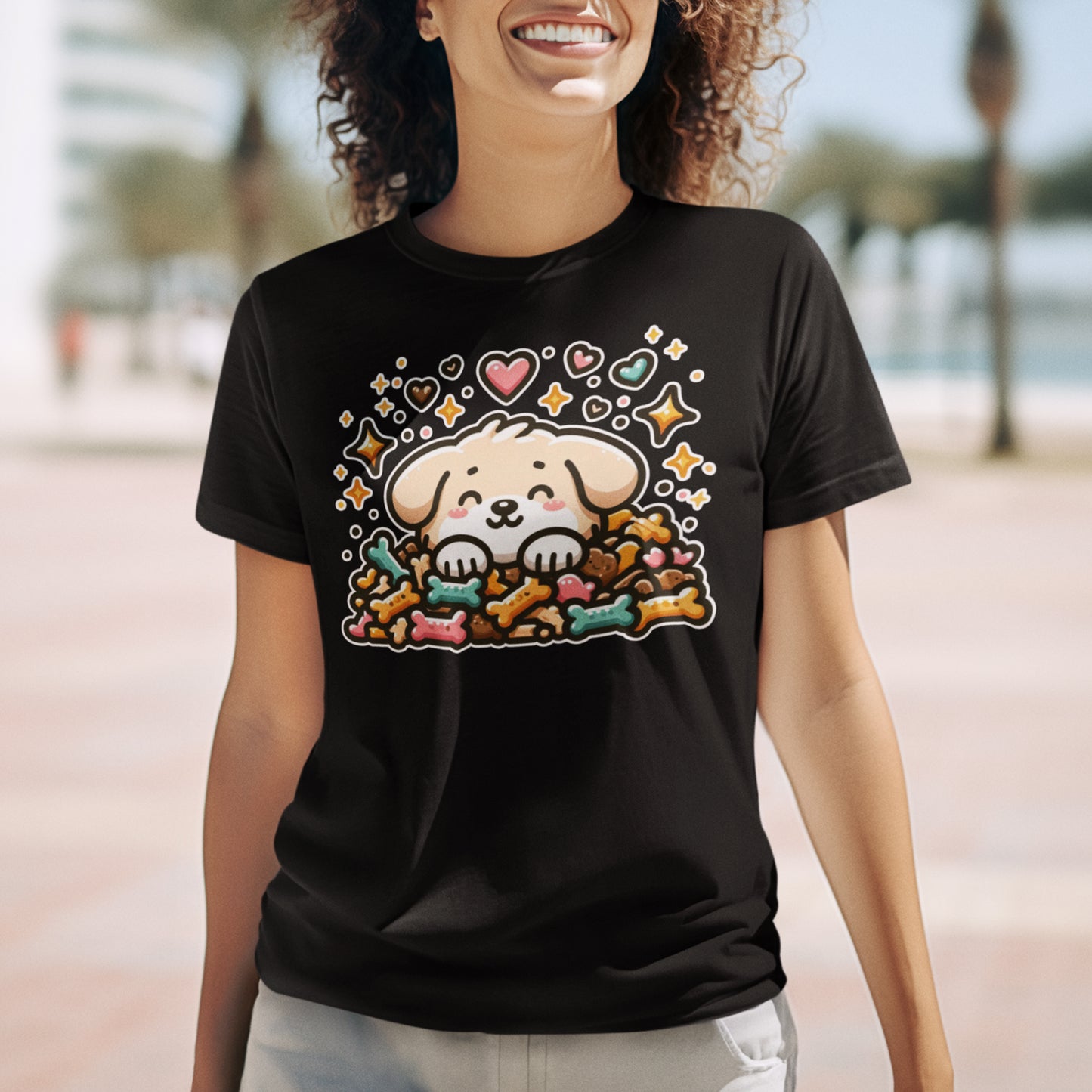 Puppy Face & Paw on a Pile of Treats | Stars & Hearts Reaction Graphic T-Shirt