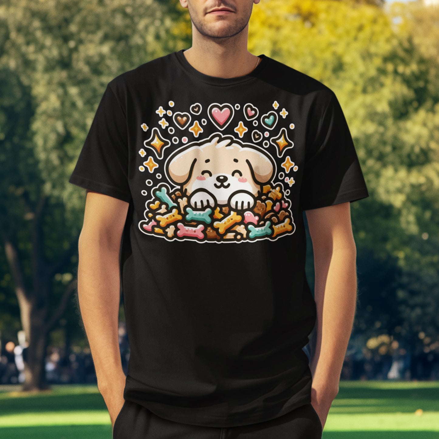 Puppy Face & Paw on a Pile of Treats | Stars & Hearts Reaction Graphic T-Shirt