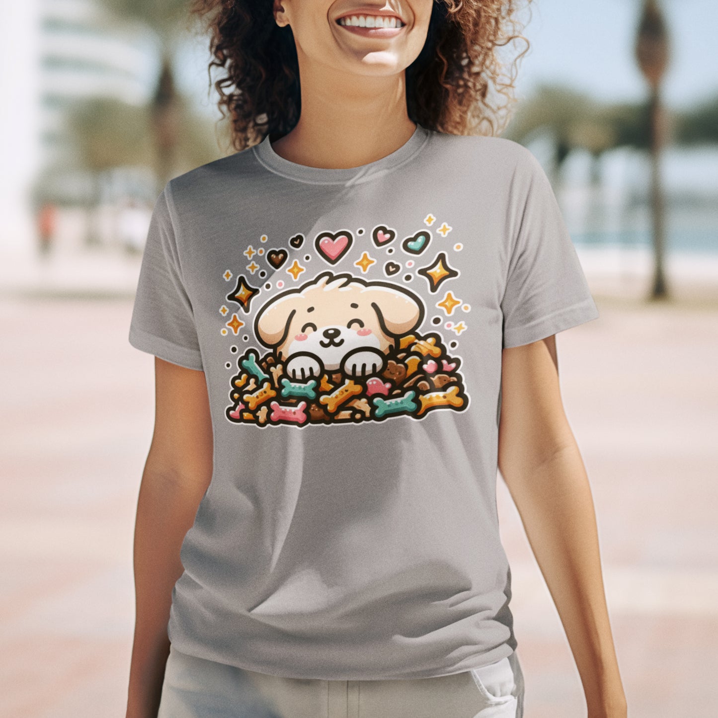 Puppy Face & Paw on a Pile of Treats | Stars & Hearts Reaction Graphic T-Shirt