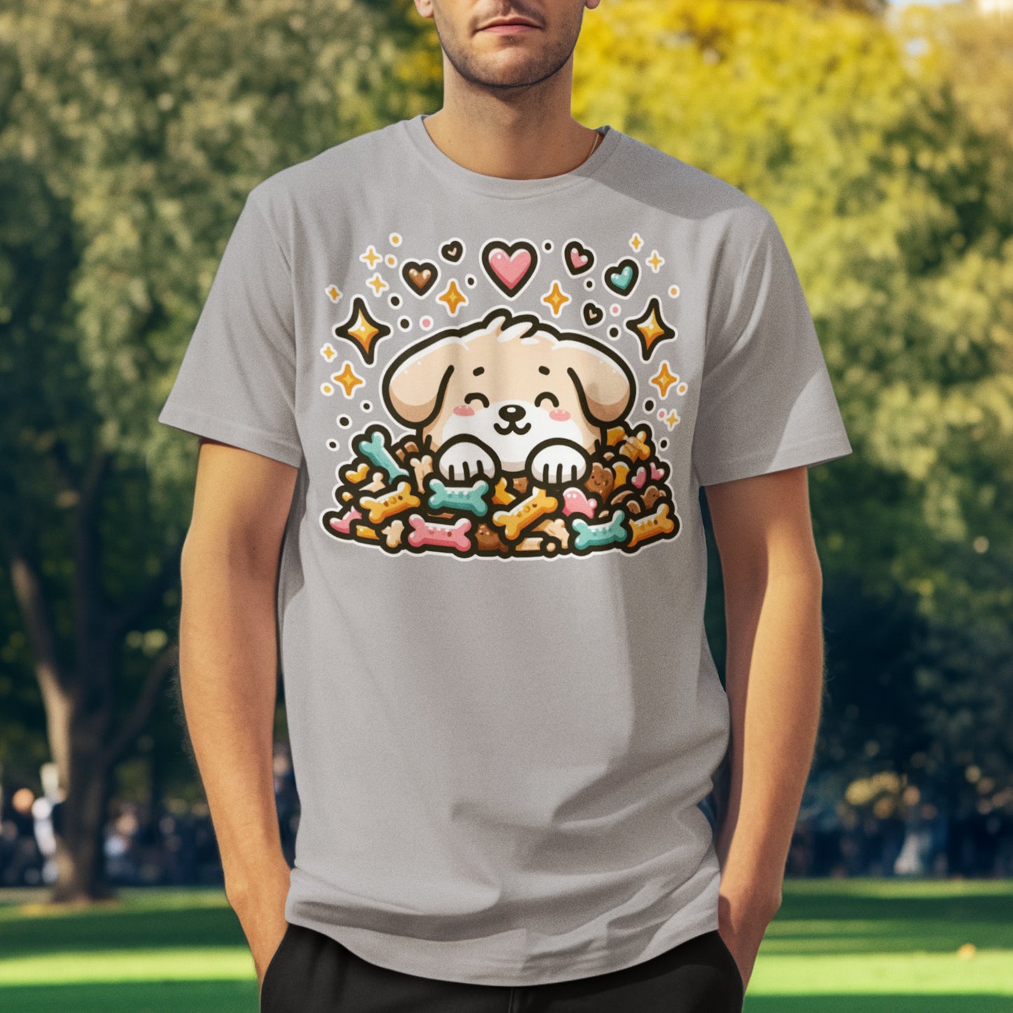 Puppy Face & Paw on a Pile of Treats | Stars & Hearts Reaction Graphic T-Shirt