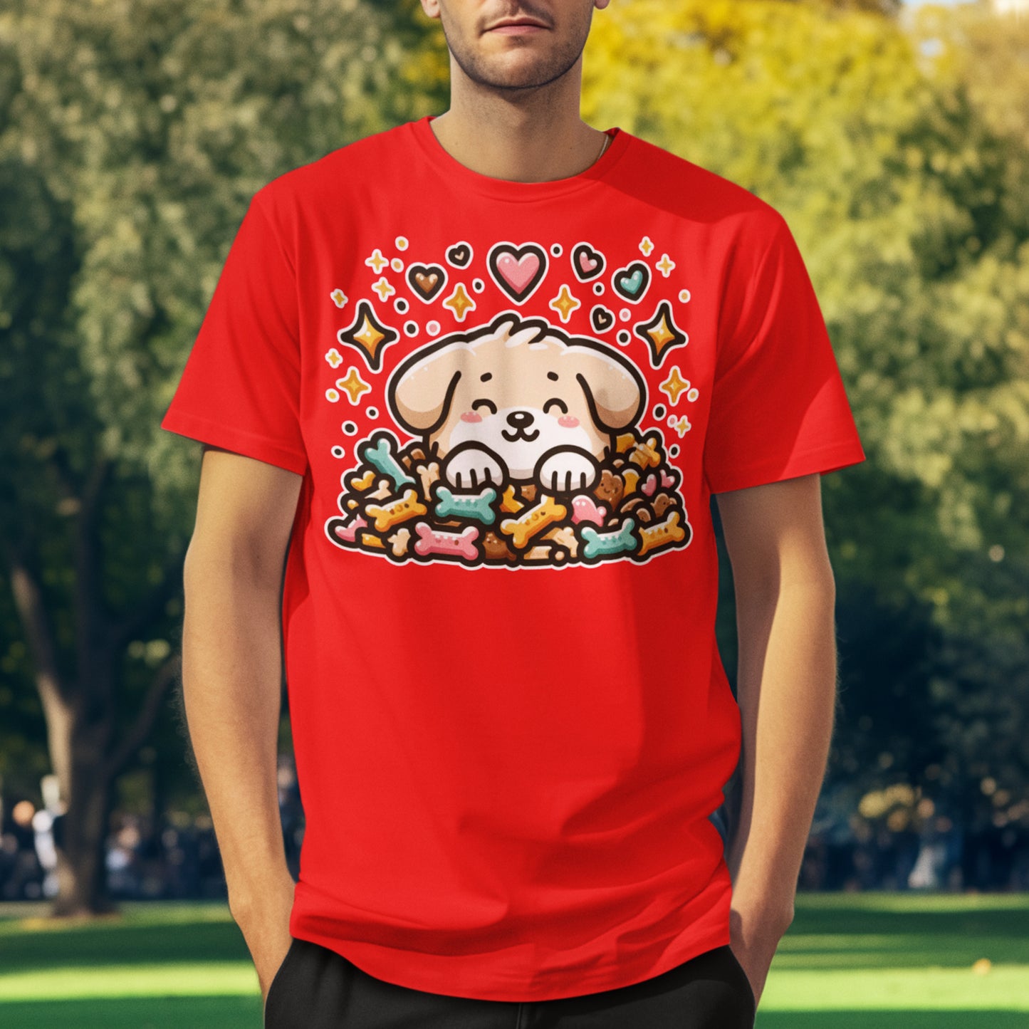 Puppy Face & Paw on a Pile of Treats | Stars & Hearts Reaction Graphic T-Shirt