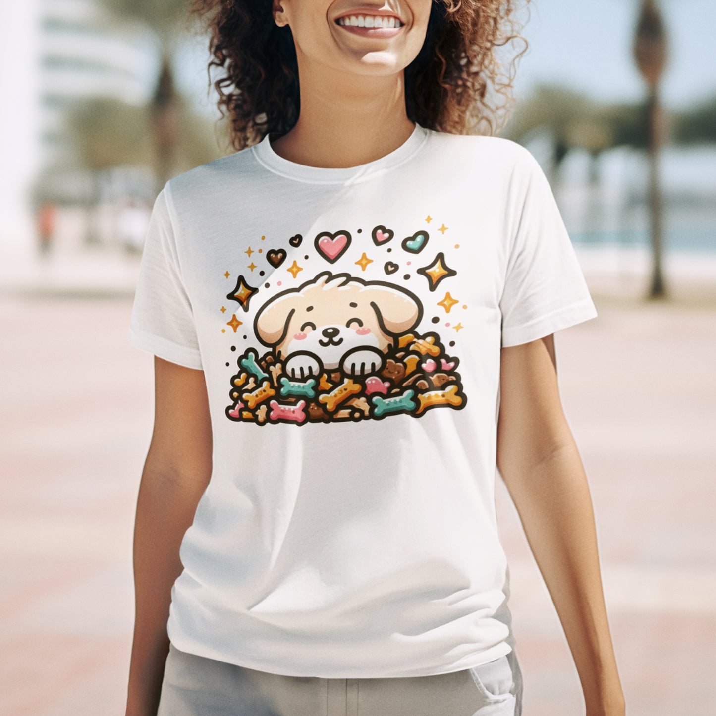 Puppy Face & Paw on a Pile of Treats | Stars & Hearts Reaction Graphic T-Shirt