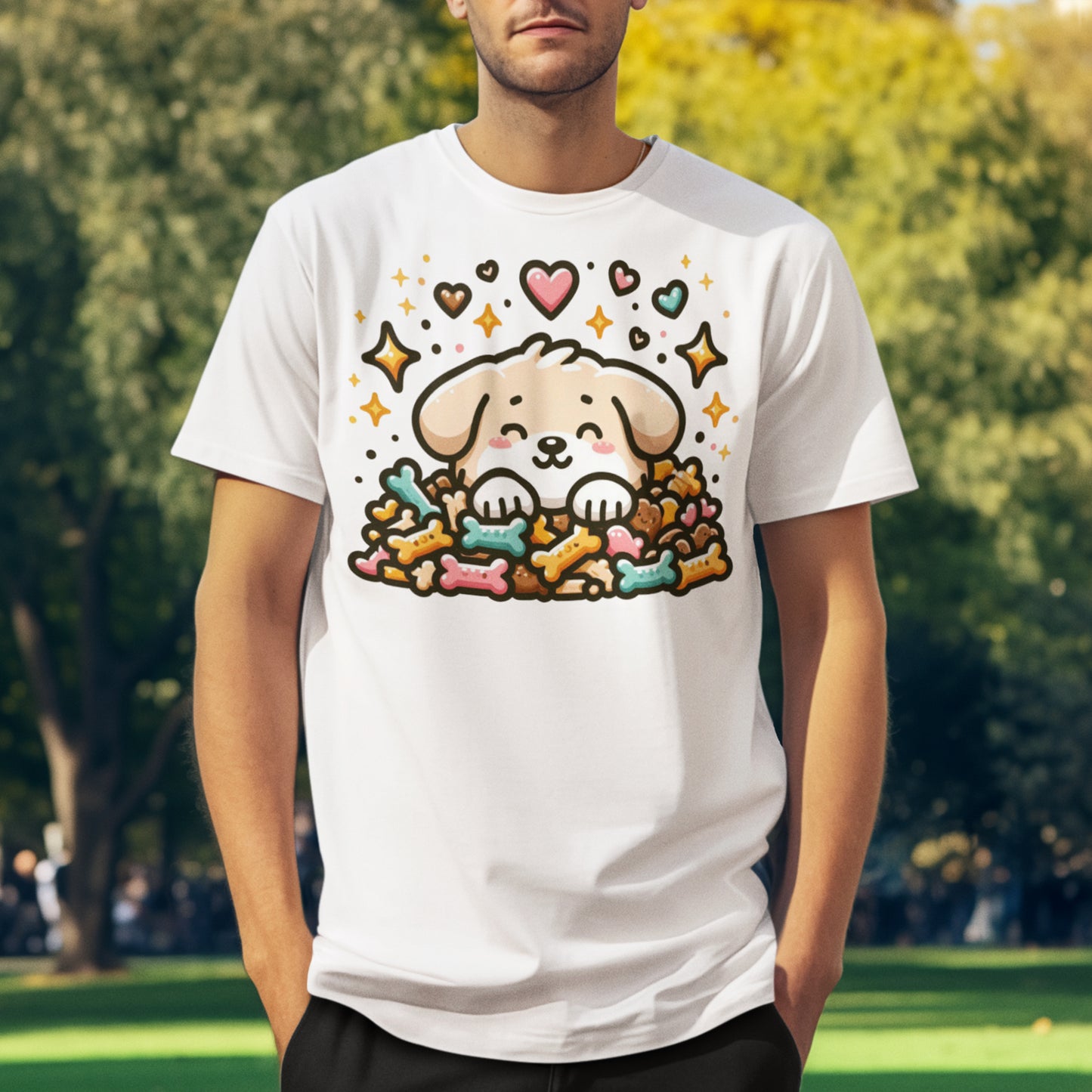 Puppy Face & Paw on a Pile of Treats | Stars & Hearts Reaction Graphic T-Shirt