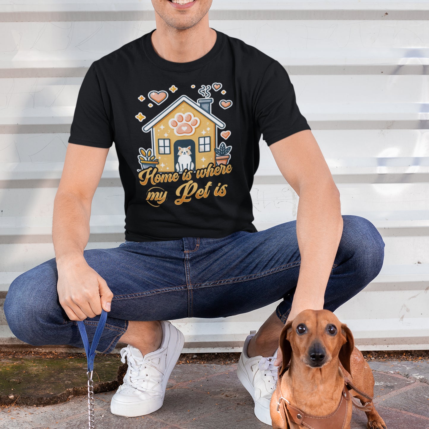Home is Where My Pet Is | Dog at Dog House with Stars & Hearts T-Shirt