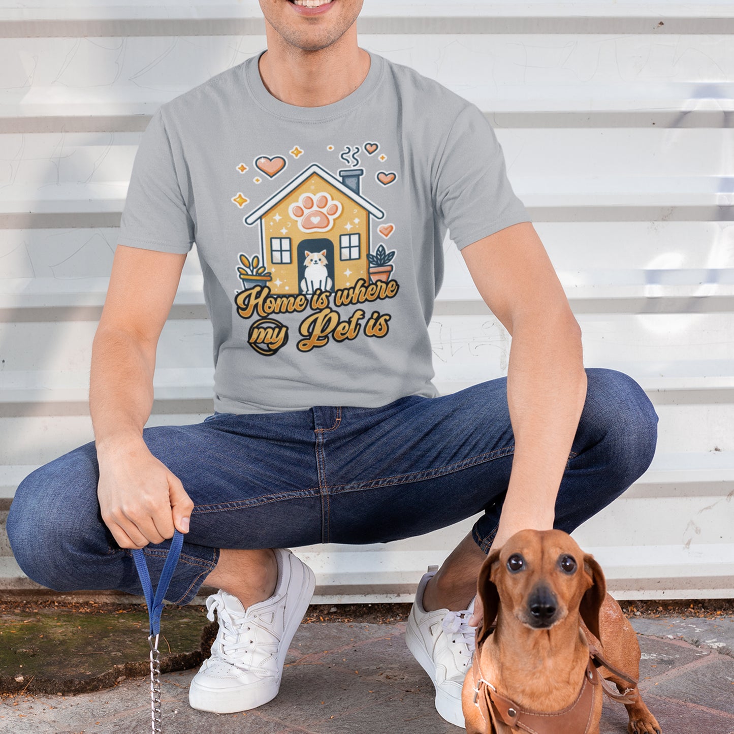 Home is Where My Pet Is | Dog at Dog House with Stars & Hearts T-Shirt