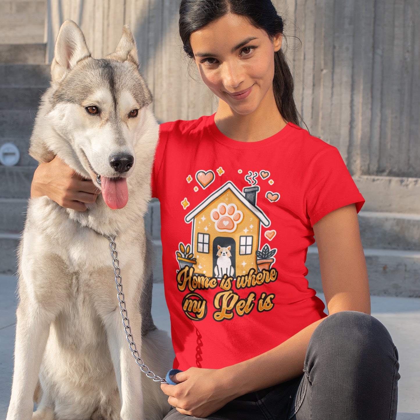 Home is Where My Pet Is | Dog at Dog House with Stars & Hearts T-Shirt