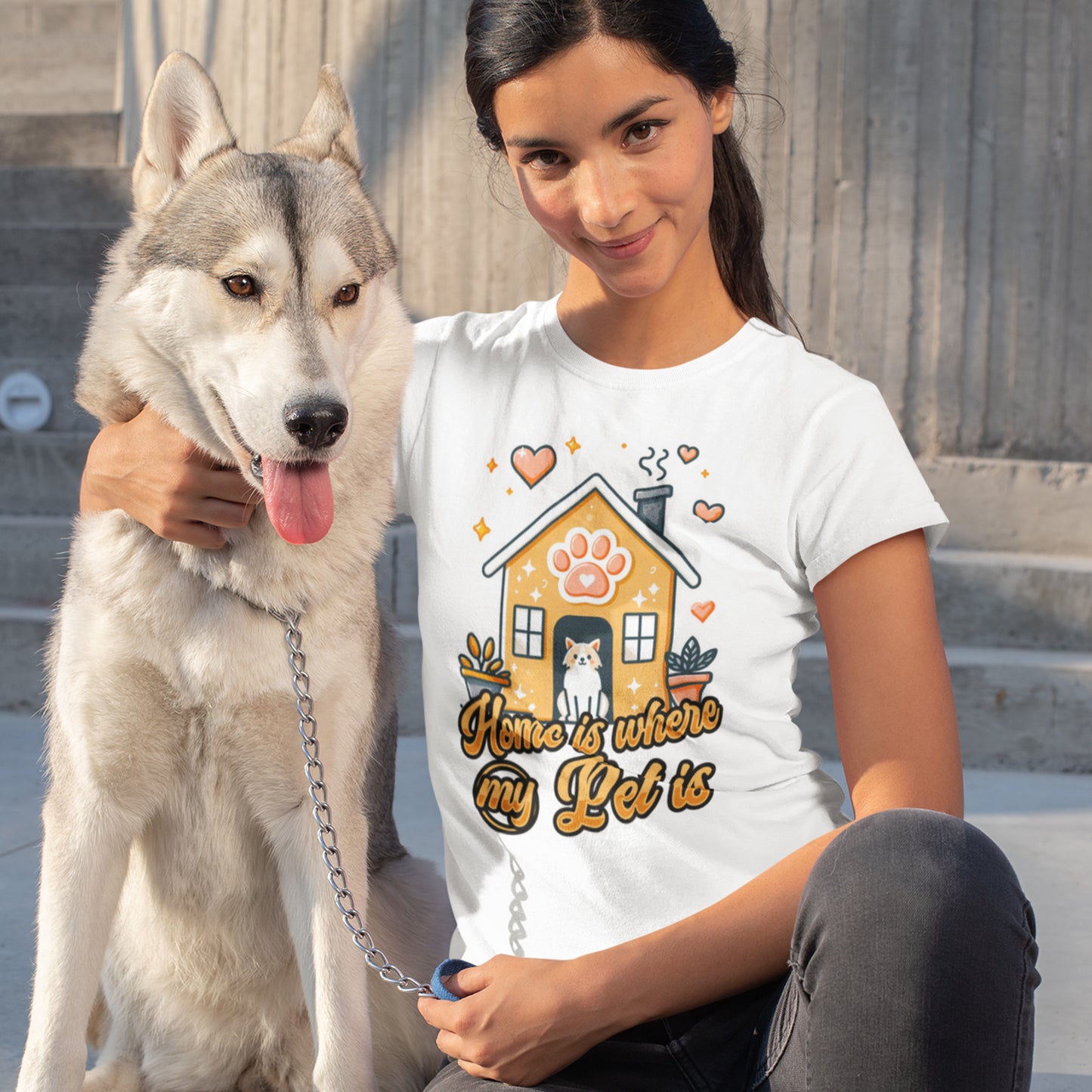 Home is Where My Pet Is | Dog at Dog House with Stars & Hearts T-Shirt
