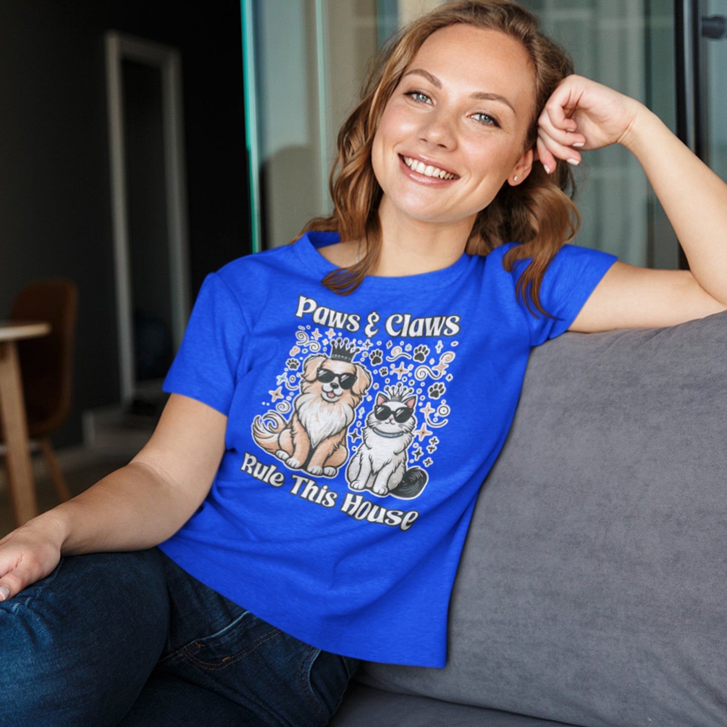 Paws and Claws Rule the House | Smiling Dog & Cat with Paw Shapes T-Shirt
